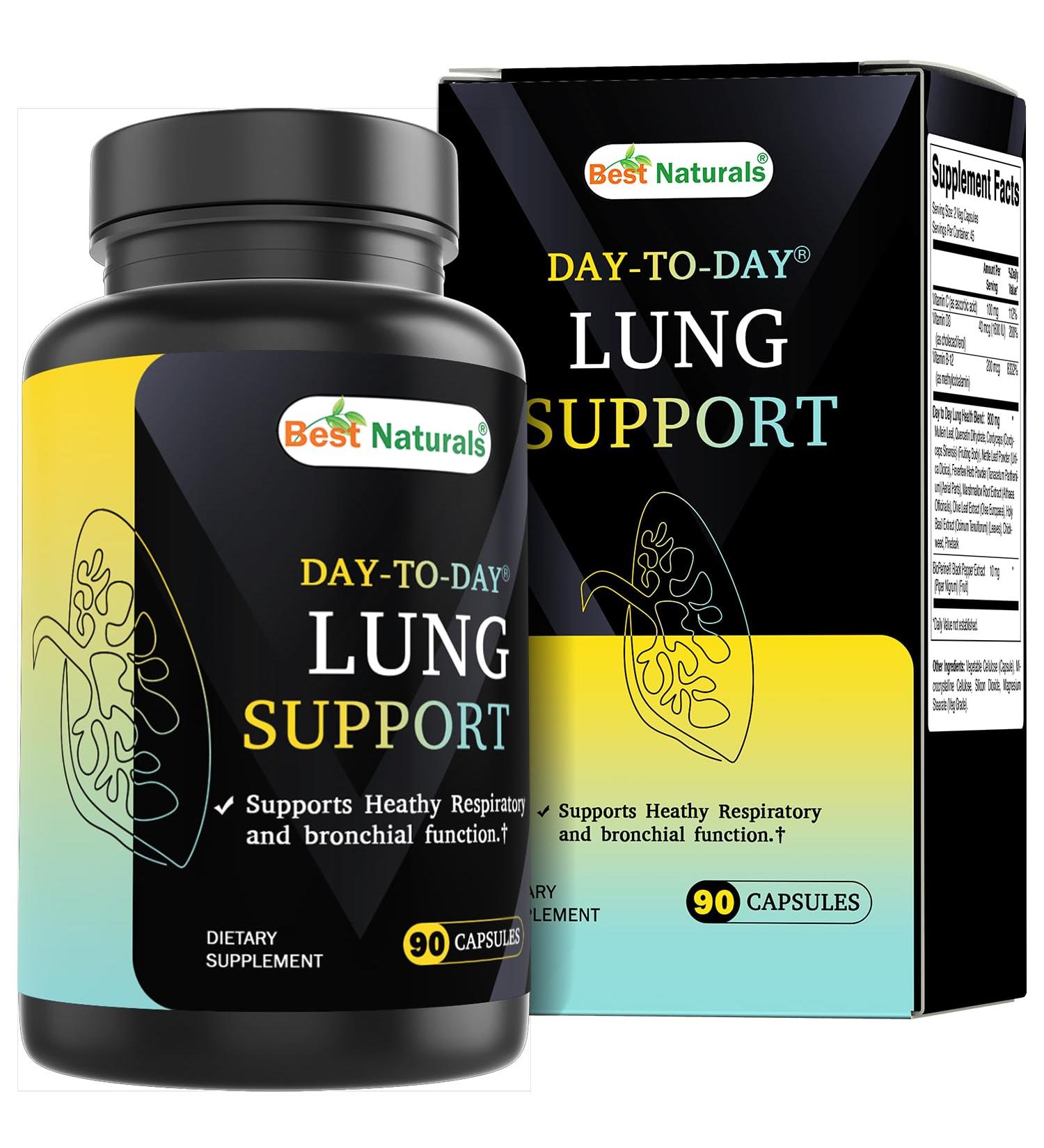 Best Naturals Day-to-Day Lung Support Supplements 90 Veg Cpasules - Made with Mullein Quercetin Cordyceps Nettle Feverfew Marshmallow Olive Leaf Extract 90 Count (Pack of 1) - Buy Online on GoSupps.com