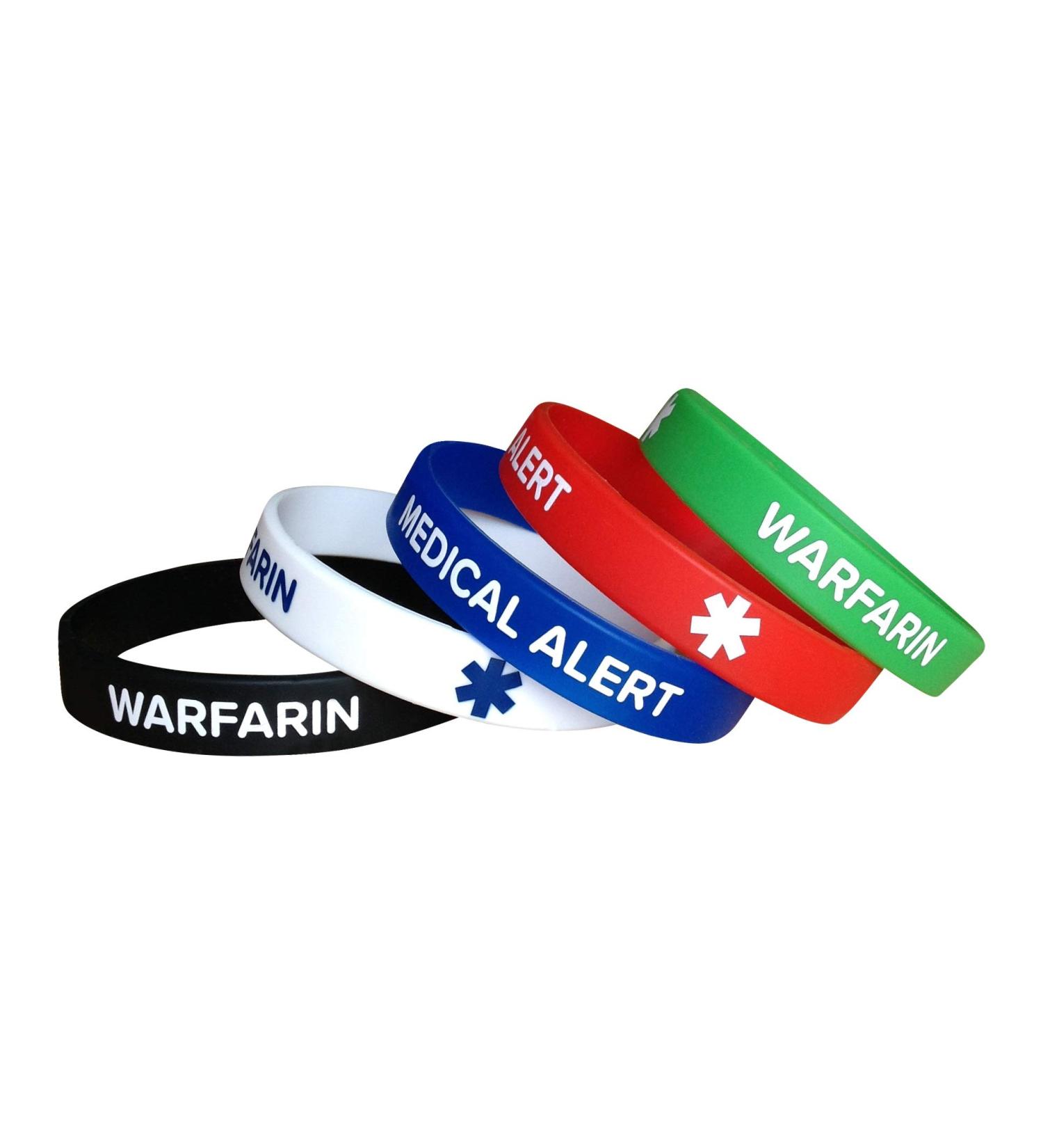 Warfarin Silicone Bracelets Medical Alert (5 Pack) Wristbands Adult Size for Men Women 7.8"