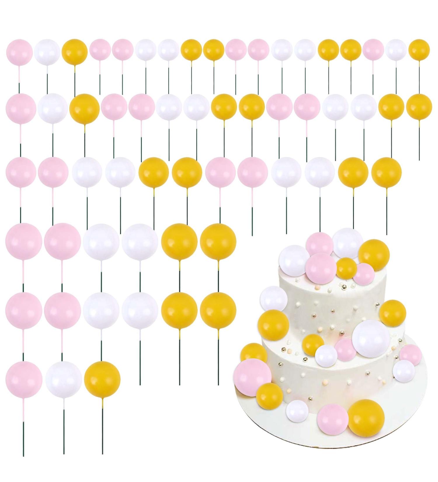 Blumomon 60Pcs Balls Cake Topper DIY Cake Insert Toppers Ball Cake Picks Cupcake Topper for Birthday Party Baby Shower Wedding Cake Decoration(Yellow+Pink+White) Yellow/Pink/White - Buy Online on GoSupps.com