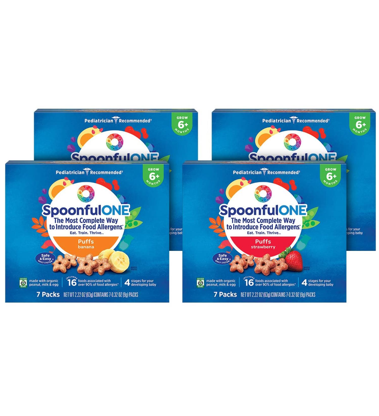 SpoonfulONE Food Allergen Introduction Puffs | Certified Organic Smart Feeding Snack | 6+ Months Baby | Strawberry & Banana Variety Pack - 28 Count - Buy Online on GoSupps.com