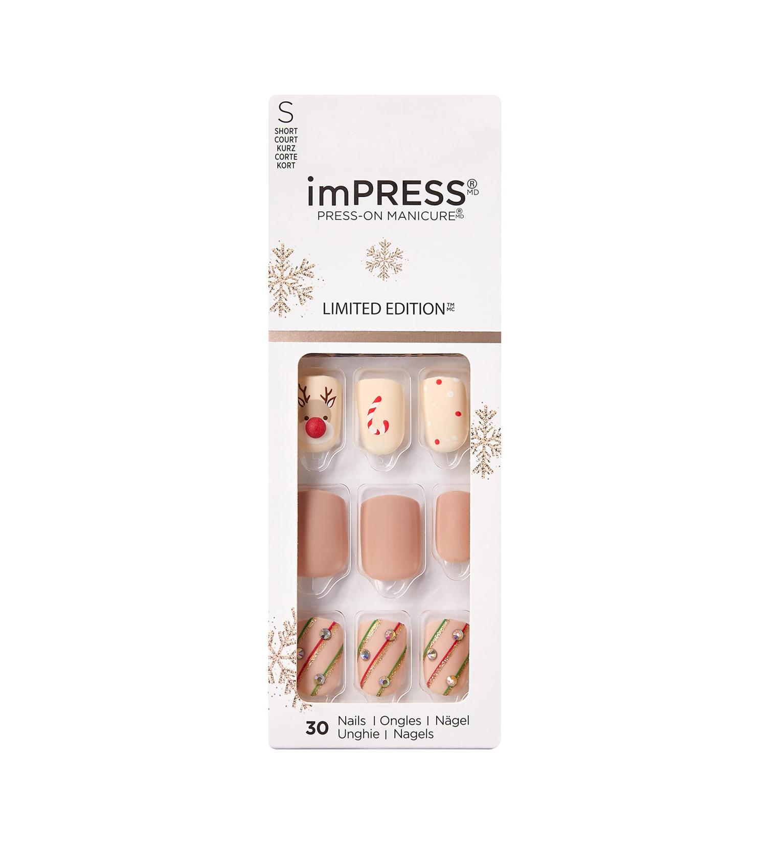 KISS imPRESS Limited Edition Holiday Santa Buddies Press-On Manicure | Short Square Nails with PureFit Technology | Includes Prep Pad, File, Cuticle Stick & 30 Fake Nails - Buy Online on GoSupps.com