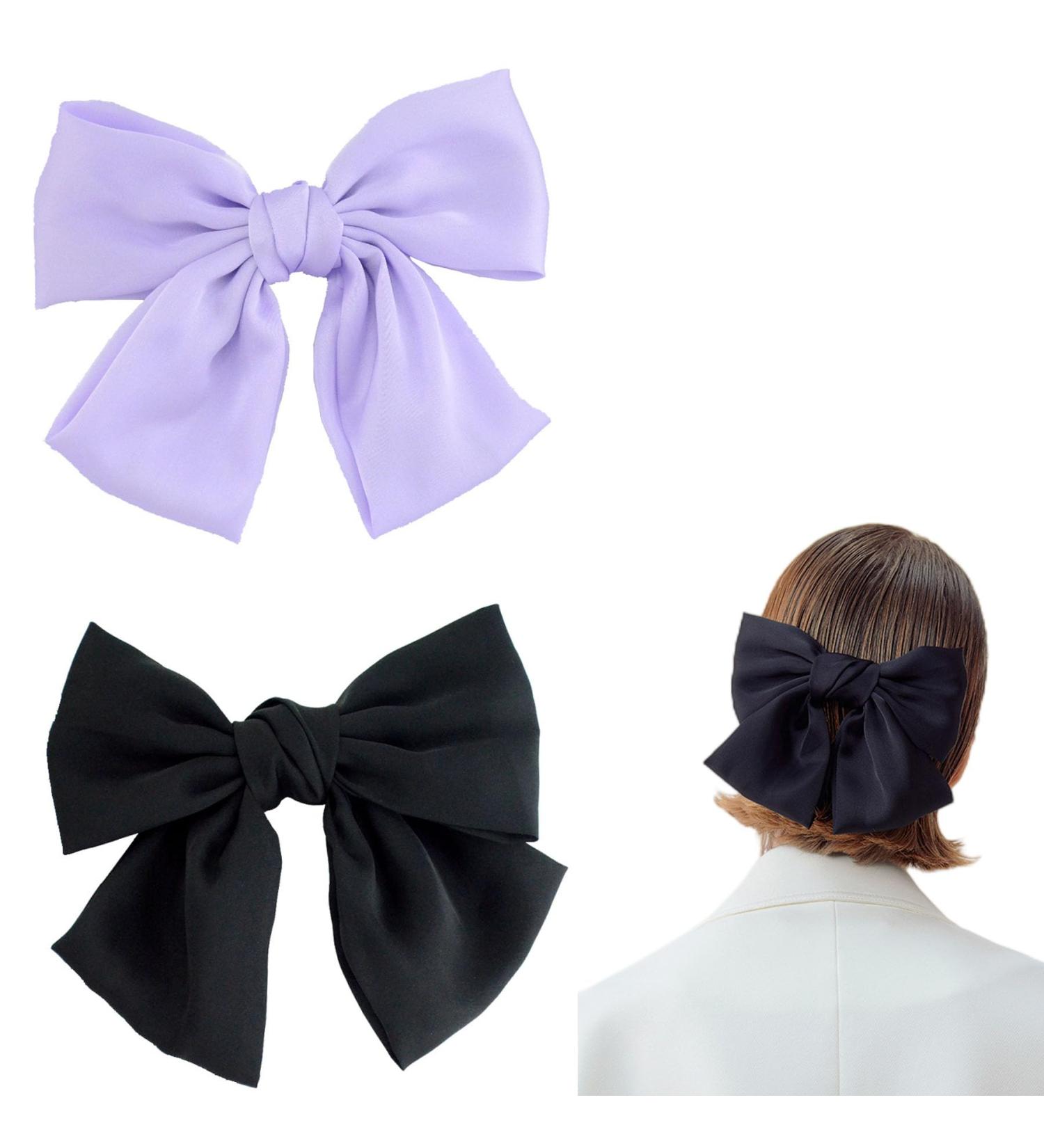 Bow Hair Clip Set for Women - 2pcs Big Bowknot Hairpins with Ribbon | French Hair Barrettes in Solid Black White | Soft Satin Silky Hair Accessories for Girls - Buy Online on GoSupps.com