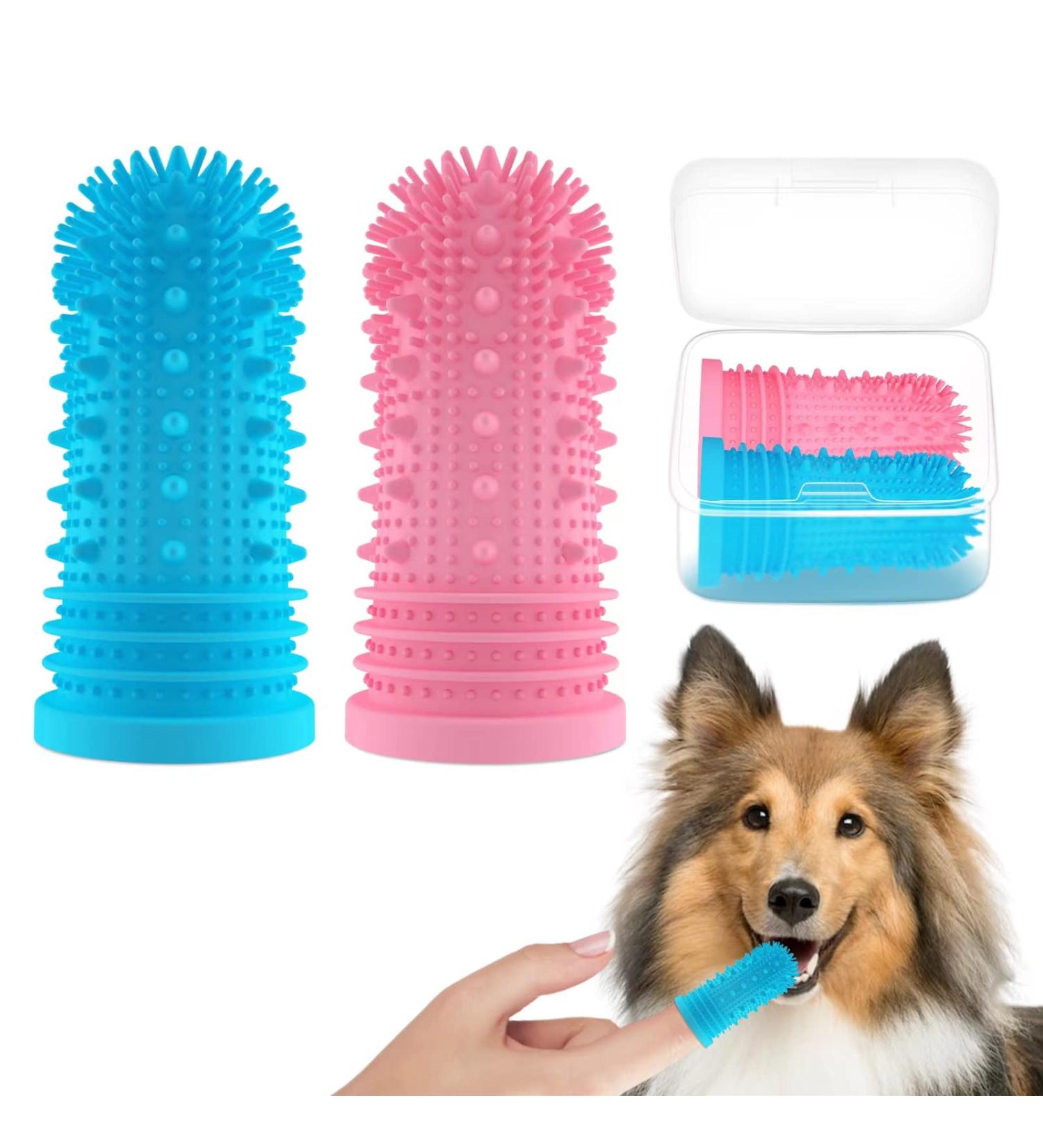 Dog Toothbrush 2 Pack Dog Finger Toothbrush for Dogs Cat Puppy Dental Care&Freshen Breathe Silicone Full Surrounded Bristles Dog Tooth Brush Reusable with Box Easy Dog Teeth Cleaning(Blue+Pink) Blue& Pink - Buy Online on GoSupps.com