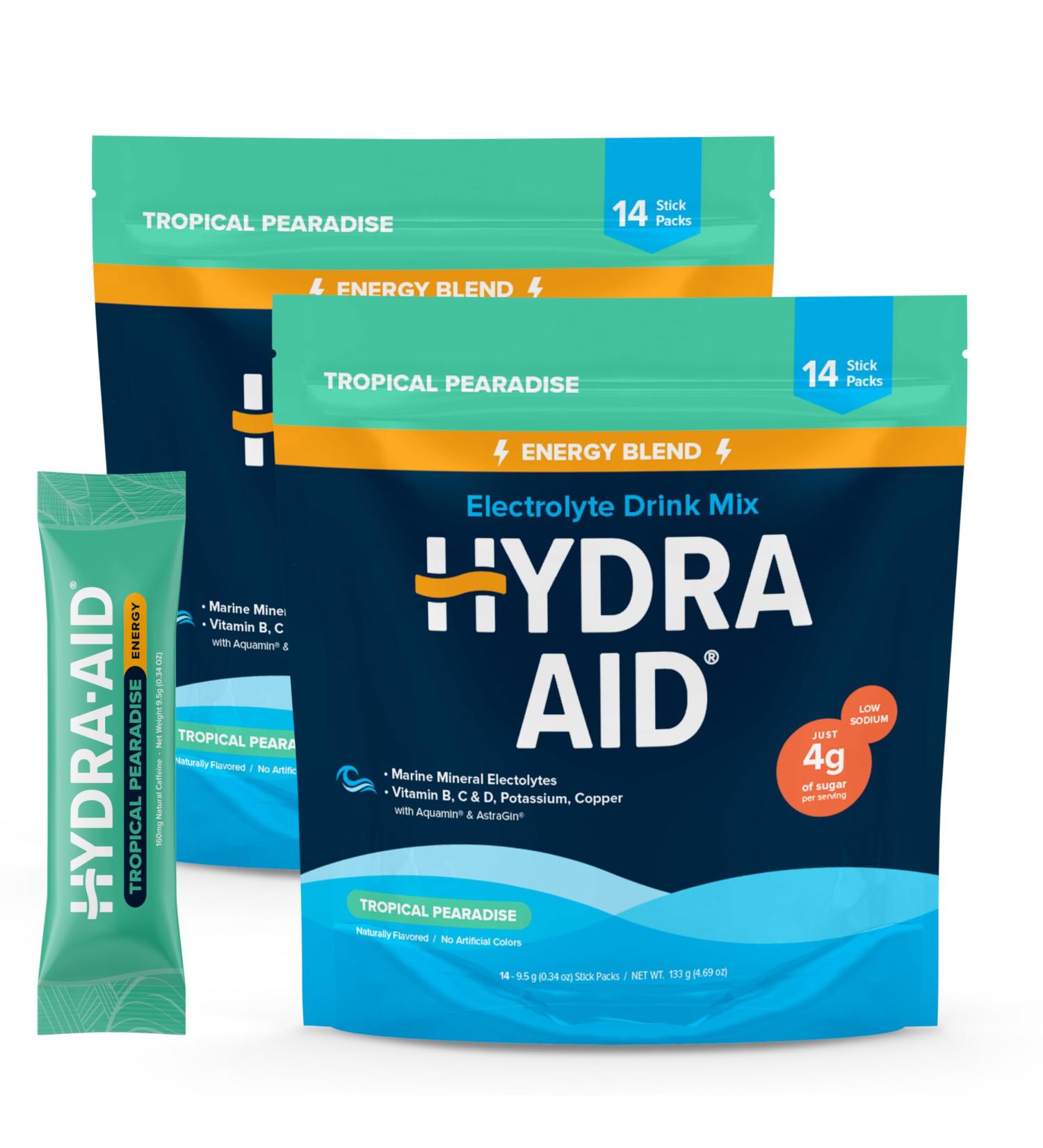 HYDRA AID Low Sodium Electrolyte Powder Packets - Marine-Mineral Hydration Mix with Vitamins B C D | No Salty Aftertaste | Pack of 2 | 28 Tropical Pearadise Sticks | Vegan Non-GMO Gluten Free - Buy Online on GoSupps.com