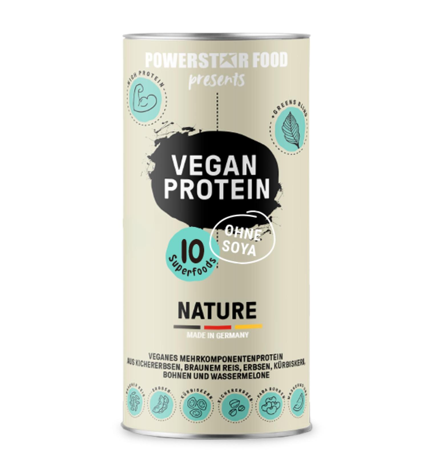 Powerstar Vegan Protein 500g - Soy-Free Sweetener & Aroma-Free Multi-Component Powder with 10 Superfoods | German Made | Nature Unsweetened - Buy Online on GoSupps.com