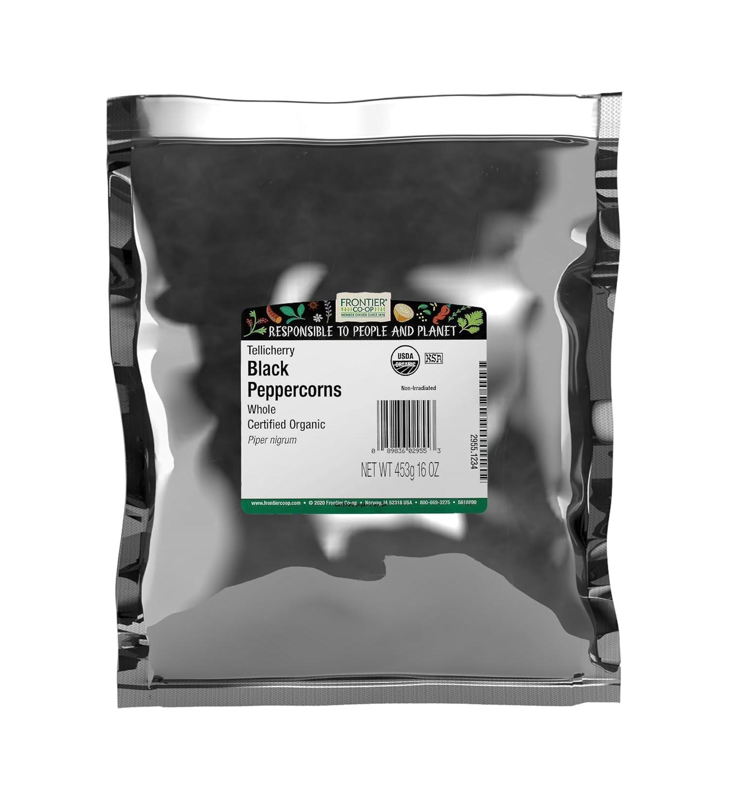 Frontier Organic Tellicherry Black Peppercorns | 16 oz Whole Pepper | Premium Spice - Buy Online on GoSupps.com