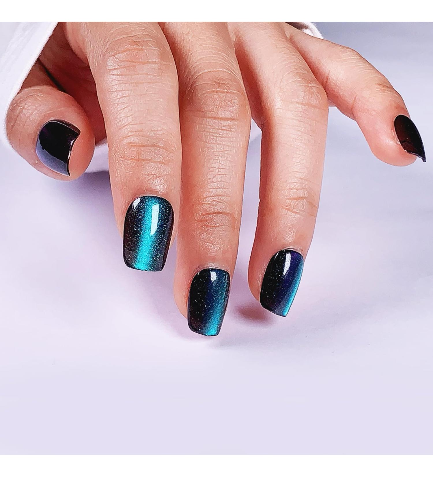 30Pcs Green Aurora Cat Eye Press-On Nails | Handmade Soft Gel Fake Nails with Glue | Semi-Transparent Short Square & Reusable - 15 Sizes in Emerald Charm - Buy Online on GoSupps.com