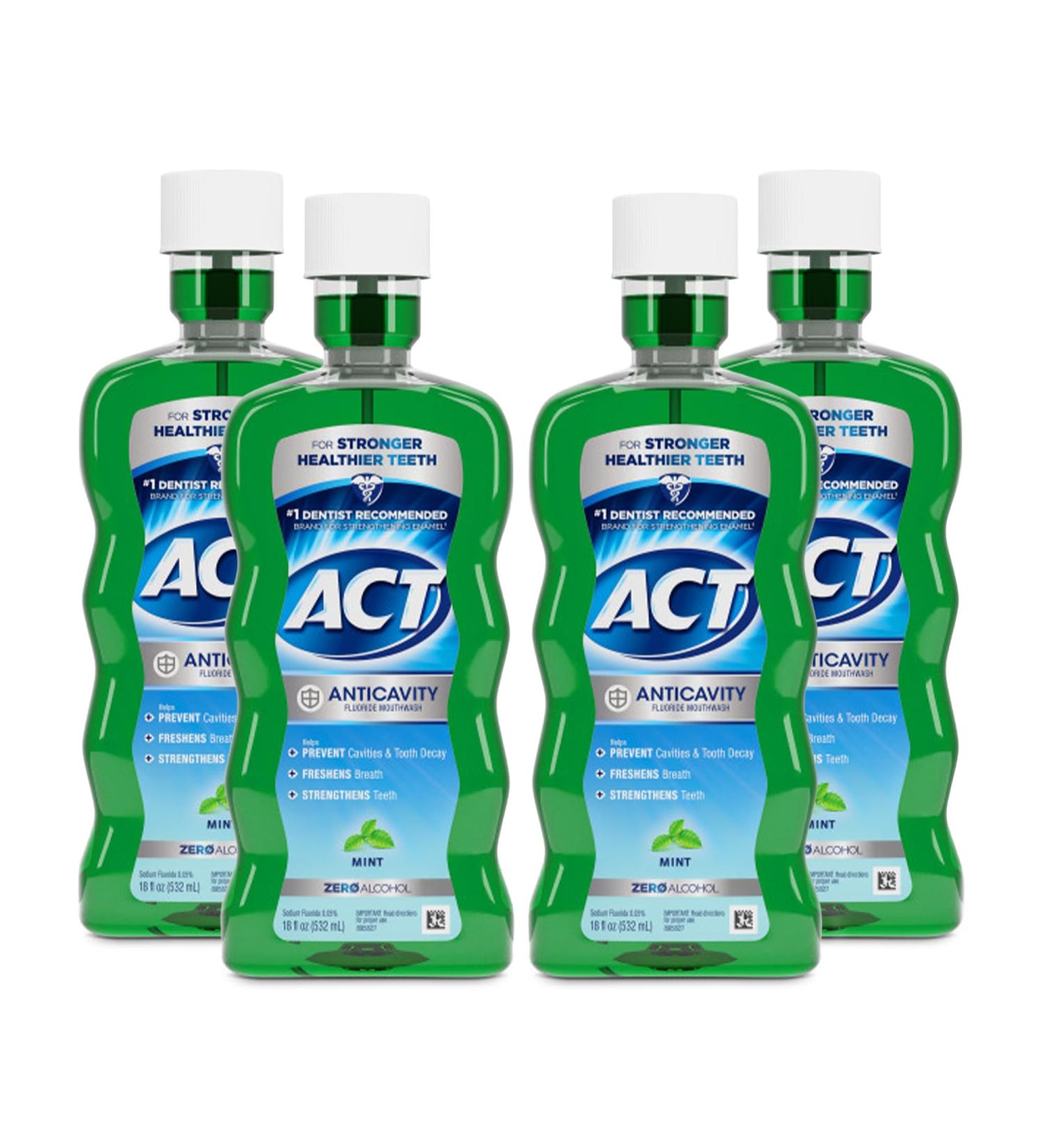 ACT Anticavity Fluoride Mouthwash with Zero Alcohol Prevents Cavities Freshens Breath & Strengthens Teeth Mint Flavor 18 fl. oz (Pack of 4)