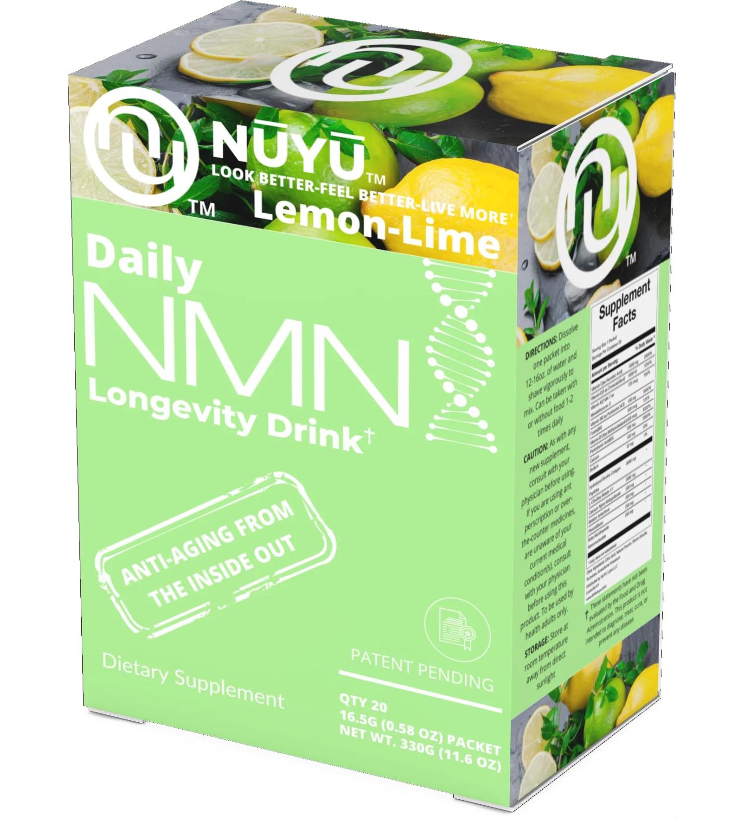 NUYU Labs Daily NMN Longevity Drink All-in-One Anti-Aging Supplement with Pterostilbene TMG Calcium AKG Collagen Peptides B Complex Vitamins B C D3 K2-MK7 (Lemon-Lime) - Buy Online on GoSupps.com