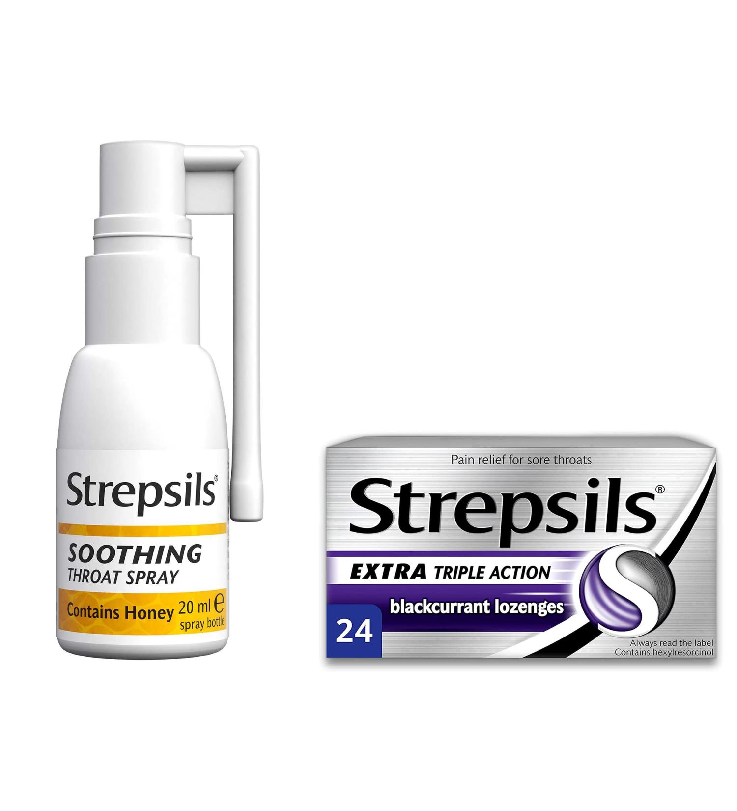Strepsils Soothing Sore Throat Spray Contains Honey Sore Throat and Cough 20 ml and Strepsils Extra Triple Action Blackcurrant Lozenges for Sore Throat 24 Lozenges - Buy Online on GoSupps.com