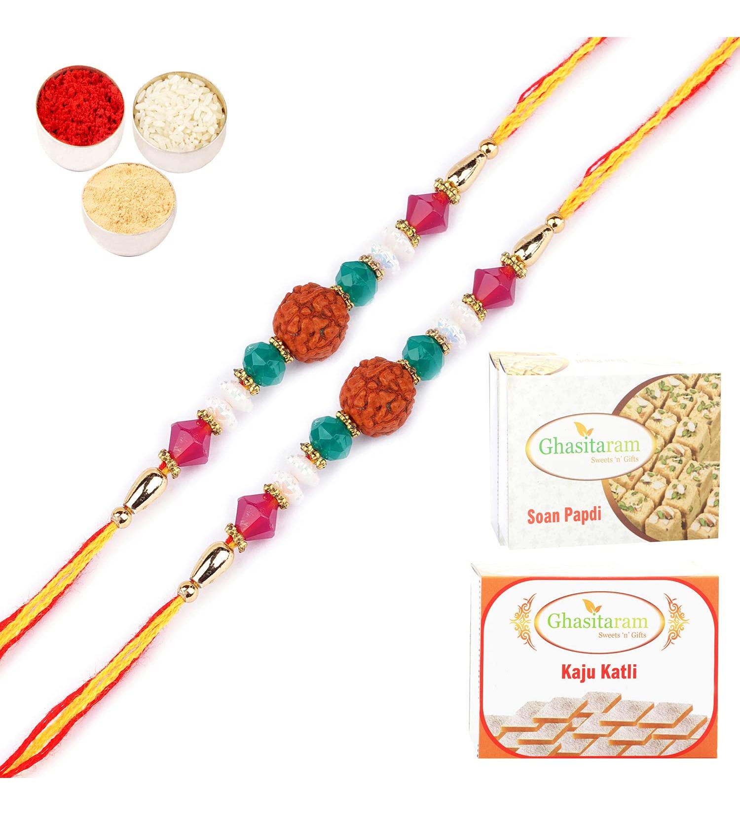 Ghasitaram Gifts Rakhi for Brother Rakhis Online - Set of 2-1988- Rudraksh Rakhi with 200 GMS of Kaju katli and 200 GMS of Soan Papdi - Buy Online on GoSupps.com
