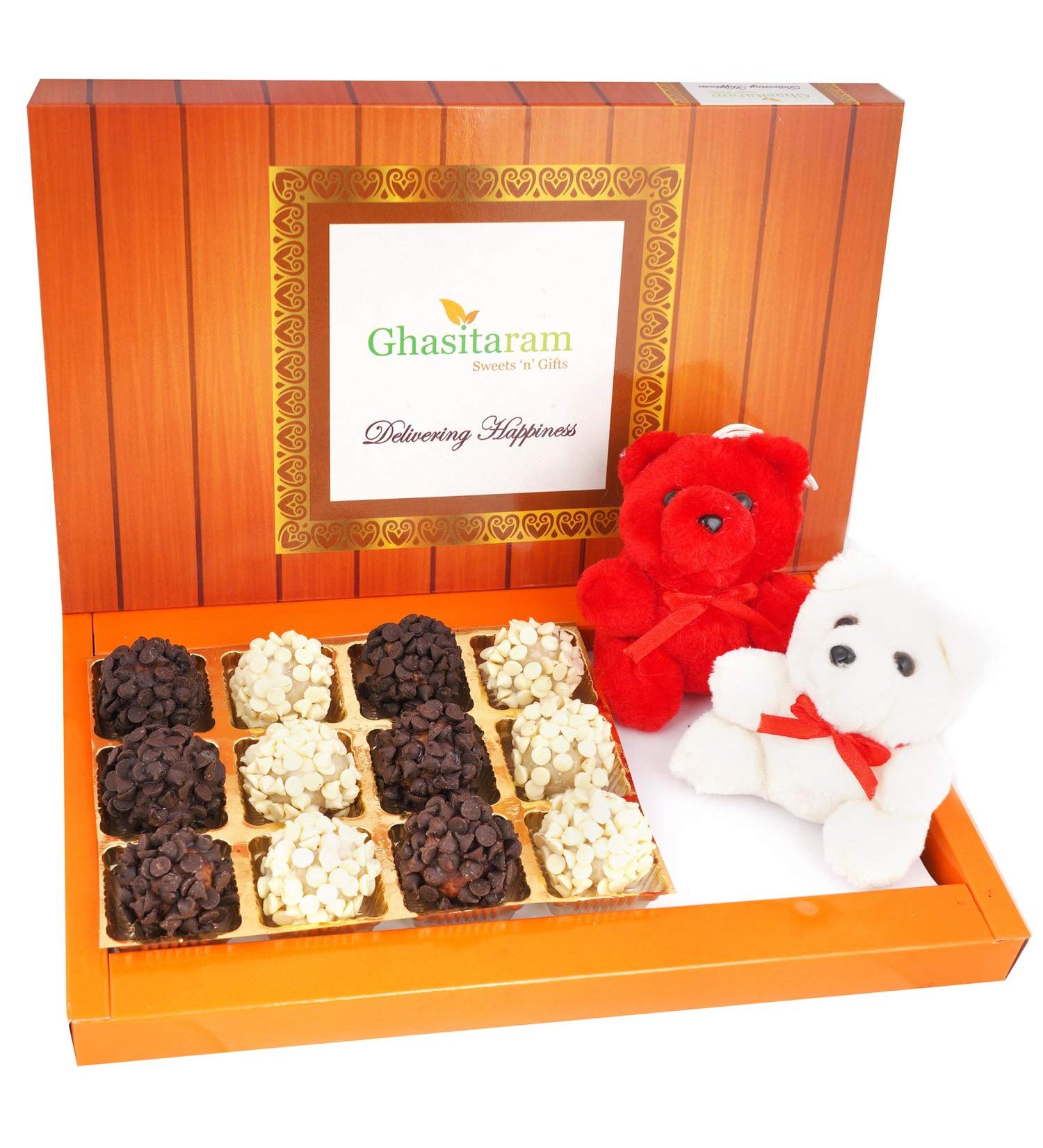 Ghasitaram Gifts Valentines Gift for Girlfriend/Boyfriend/Husband and Wife - Valentine Sweets Chocochip Cashew Flowers and 2 Teddies - Buy Online on GoSupps.com