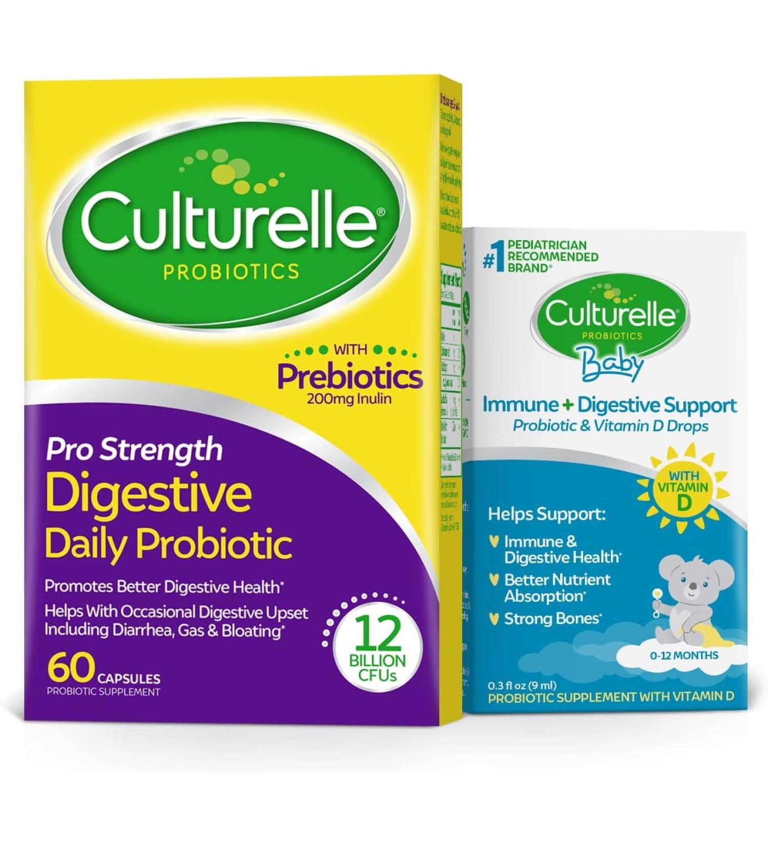 Culturelle Pro Strength Daily Probiotic Capsules Probiotics for Men & Women 60 Count 2 months + Culturelle Baby Immune & Digestive Support Probiotic + Vitamin D Drops 0-12 Months 30 Day Supply 9ml - Buy Online on GoSupps.com