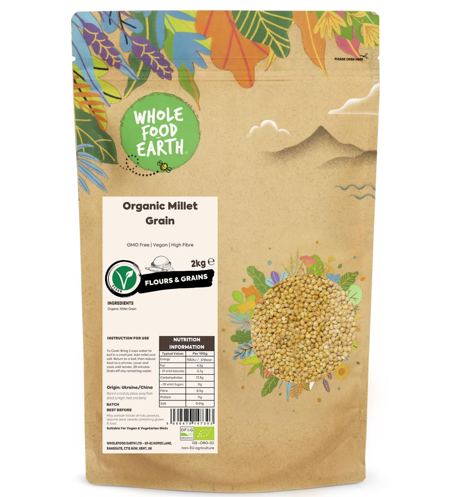 Wholefood Earth Organic Millet Grain 2 kg - GMO Free, Vegan, High Fibre | Certified Organic - Buy Online on GoSupps.com