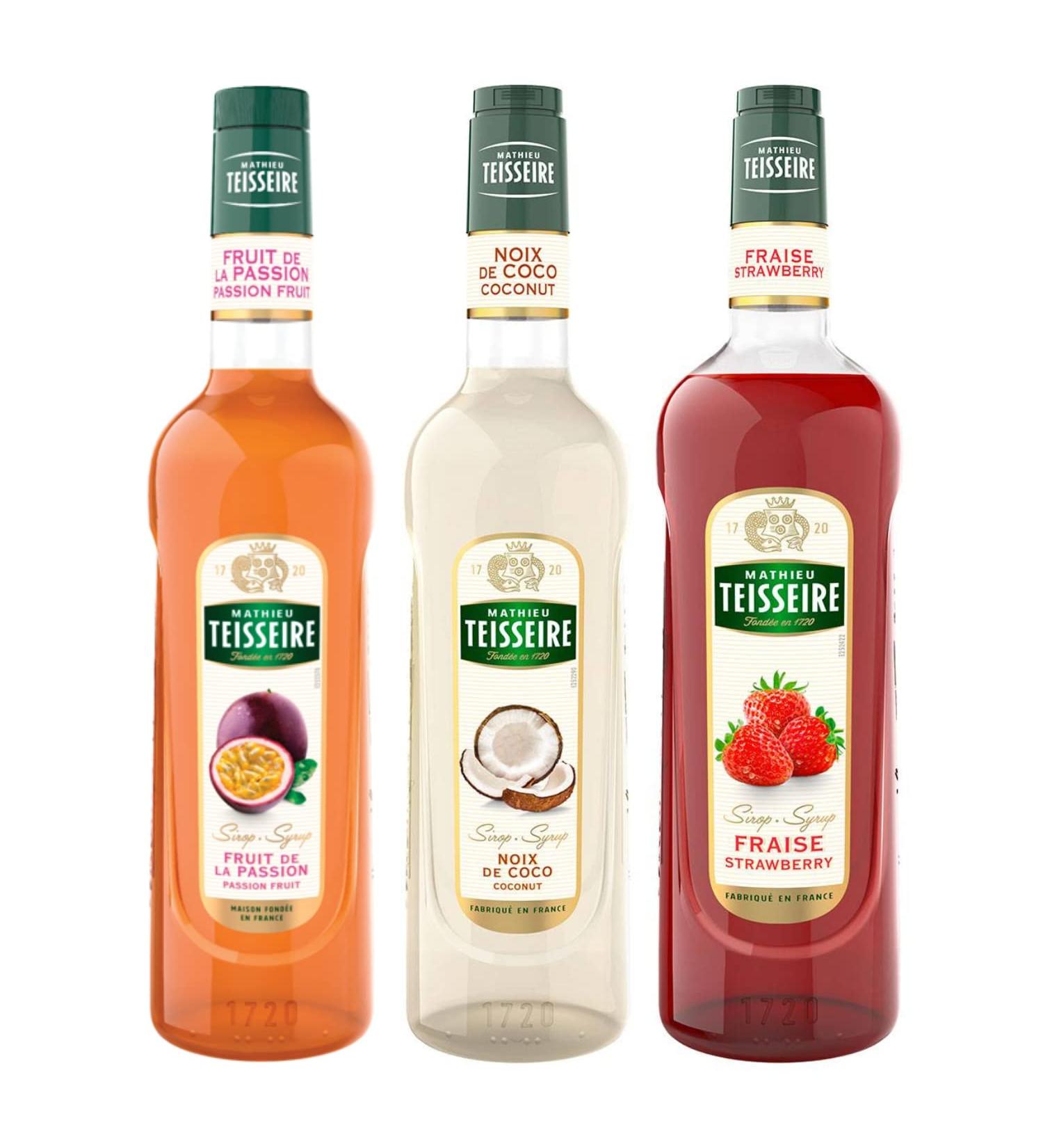 TEISSEIRE Cocktail Syrups - Passion Fruit 1L, Coconut 70cL, Strawberry 1L