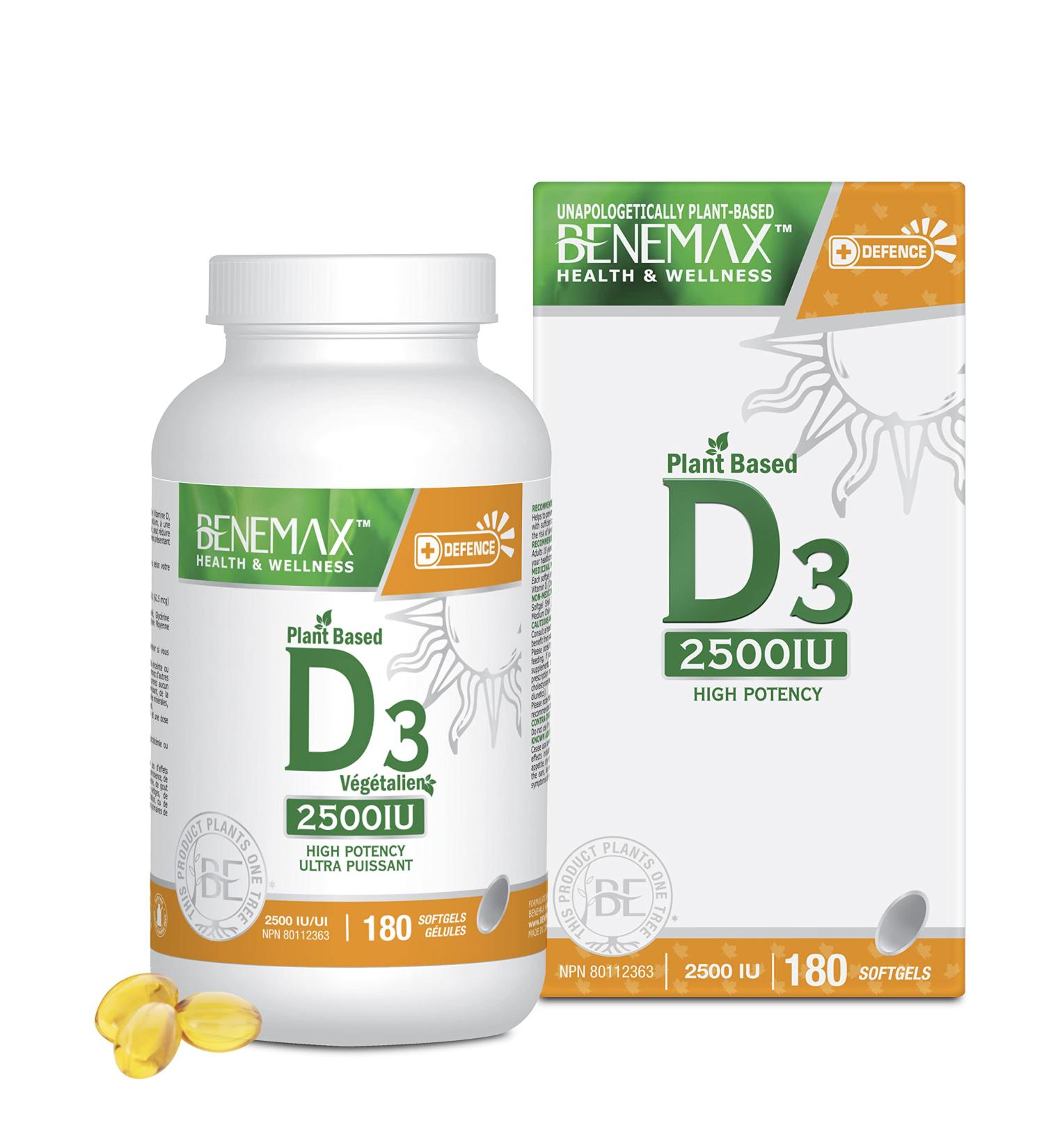 Benemax Vitamin D3 2500 IU For Healthy Bones Teeth and Helps Prevent Vitamin D Deficiency Plant Based & Vegan 180 Day Supply - Buy Online on GoSupps.com