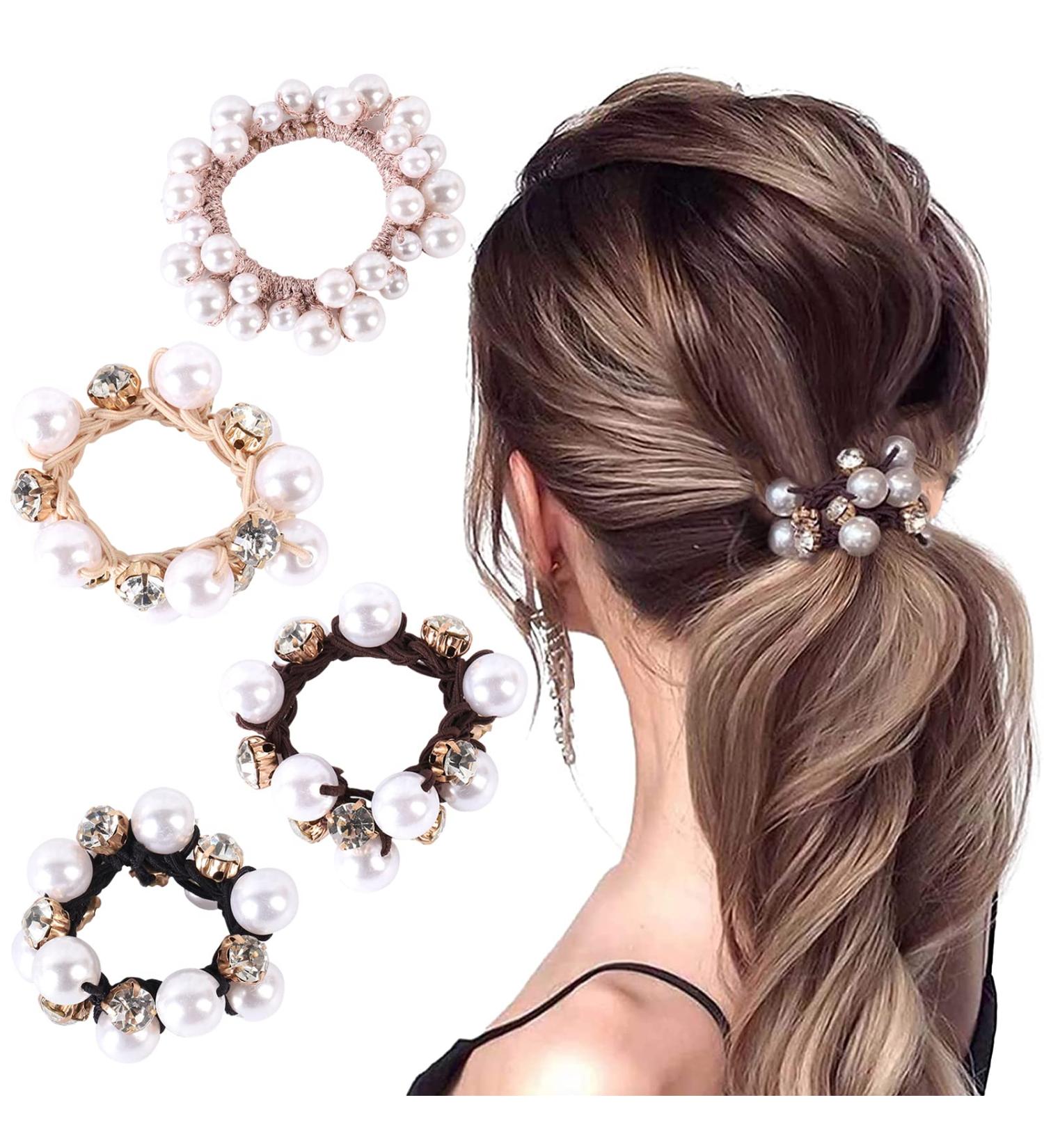 4 Pcs Women's Hair Bobbles Beads Hair Accessories Hair Ropes Strong Elastic Stretchy Pearl Crystal Hair Bun Ropes Ties Hair Ponytail Scrunchies Bands Holder Bracelet Hair Clips for Women Girls - Buy Online on GoSupps.com