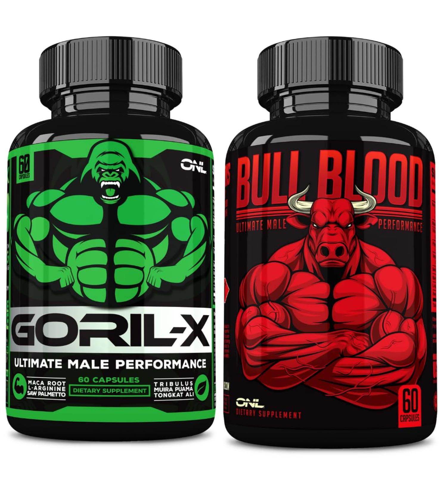 ONL Men's Testosterone Booster Bundle - GORIL-X & Bull Blood | Enhance Strength Stamina & Energy | with Horny Goat Weed Maca Tongkat Ali Tribulus - 120 Capsules - Buy Online on GoSupps.com