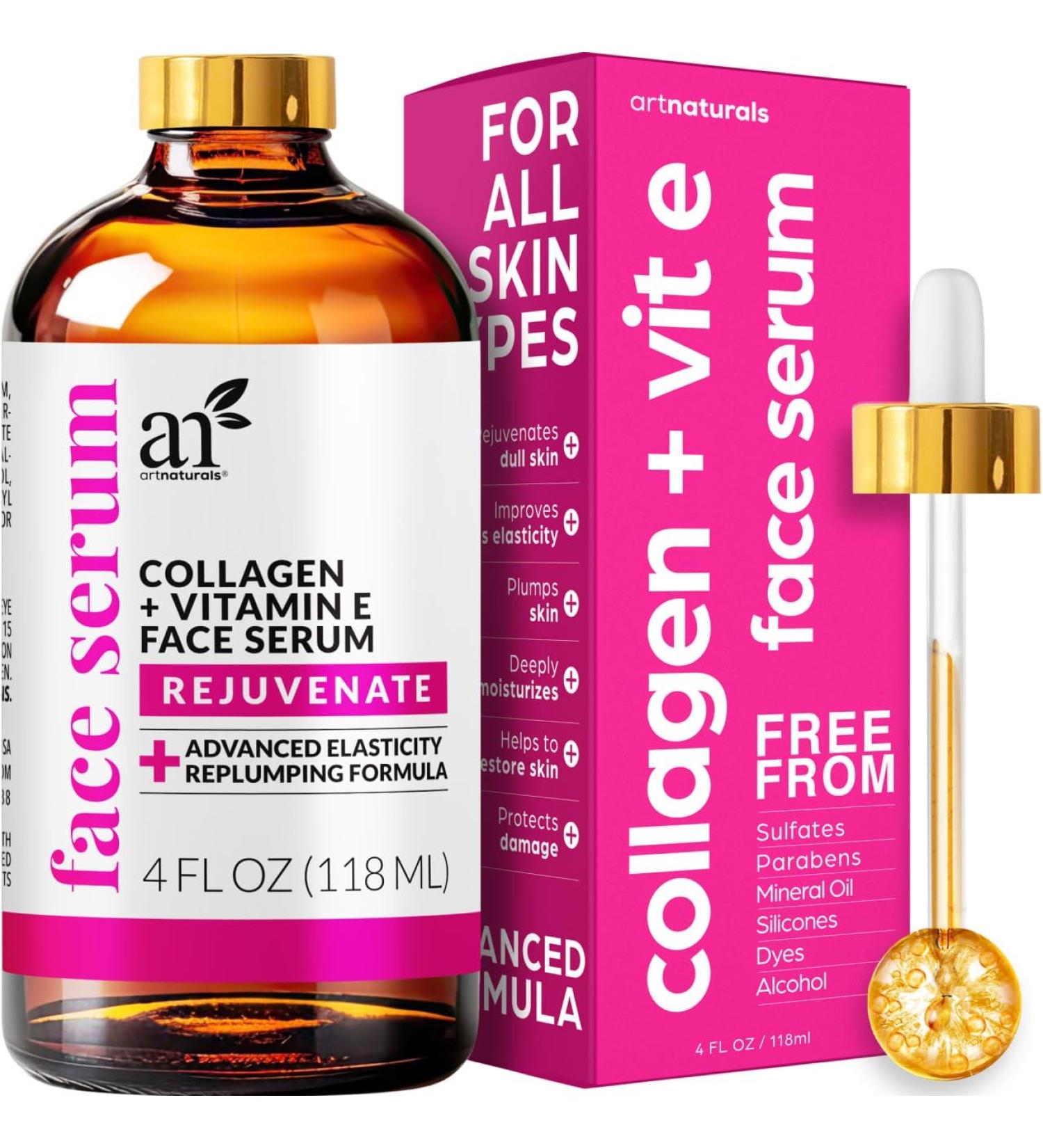 artnaturals Collagen Booster Serum - Anti-Aging Face Serum with Hyaluronic Acid & Vitamin E - Reduce Wrinkles Heal Skin Improve Tone & Texture - 4 oz - Buy Online on GoSupps.com
