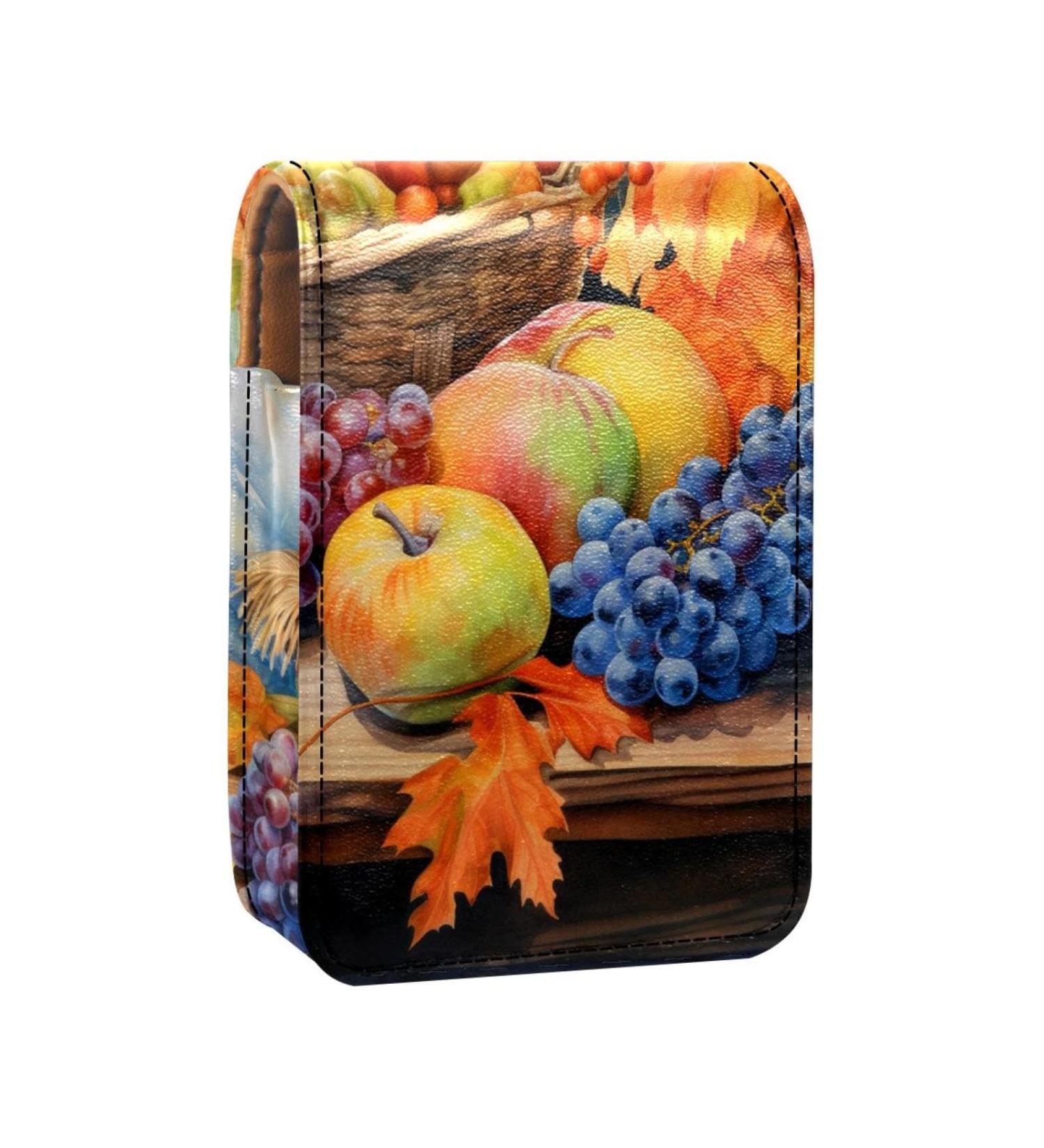 Travel Lipstick Organizer Case | Portable Makeup Bag with Mirror | Autumn Harvest Grapes & Pumpkin Design - Buy Online on GoSupps.com