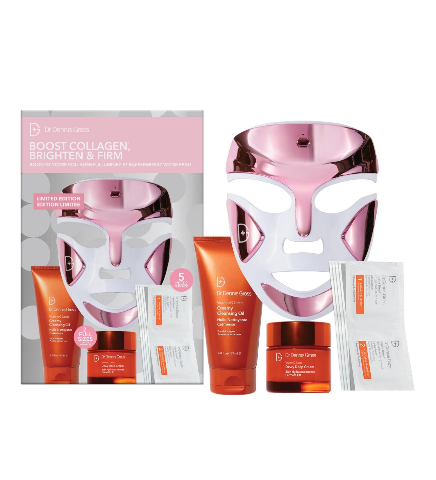 Dr Dennis Gross dpl FaceWare Pro LED Device Boost Collagen Brighten & Firm Kit Pink LED Mask Cleansing Oil Dewy Deep Cream & 5 Universal Daily Peels | $592 Value Gift Set - Buy Online on GoSupps.com