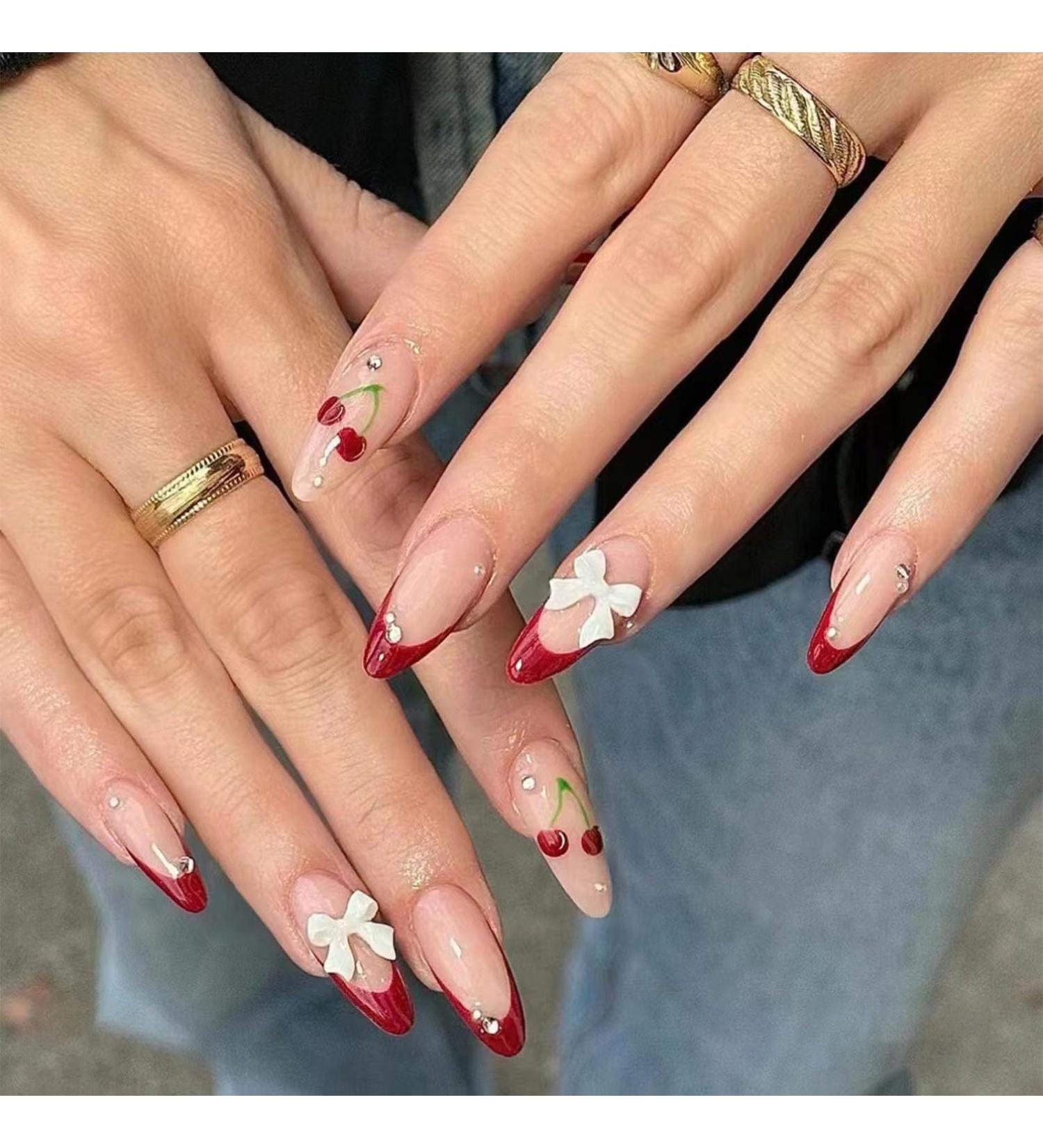Shop Medium Almond Press on Nails - Red French Tips & Cherry Bow Designs - 24 Pcs Full Cover Acrylic Glue-on Nails for Women & Girls - Buy Online on GoSupps.com
