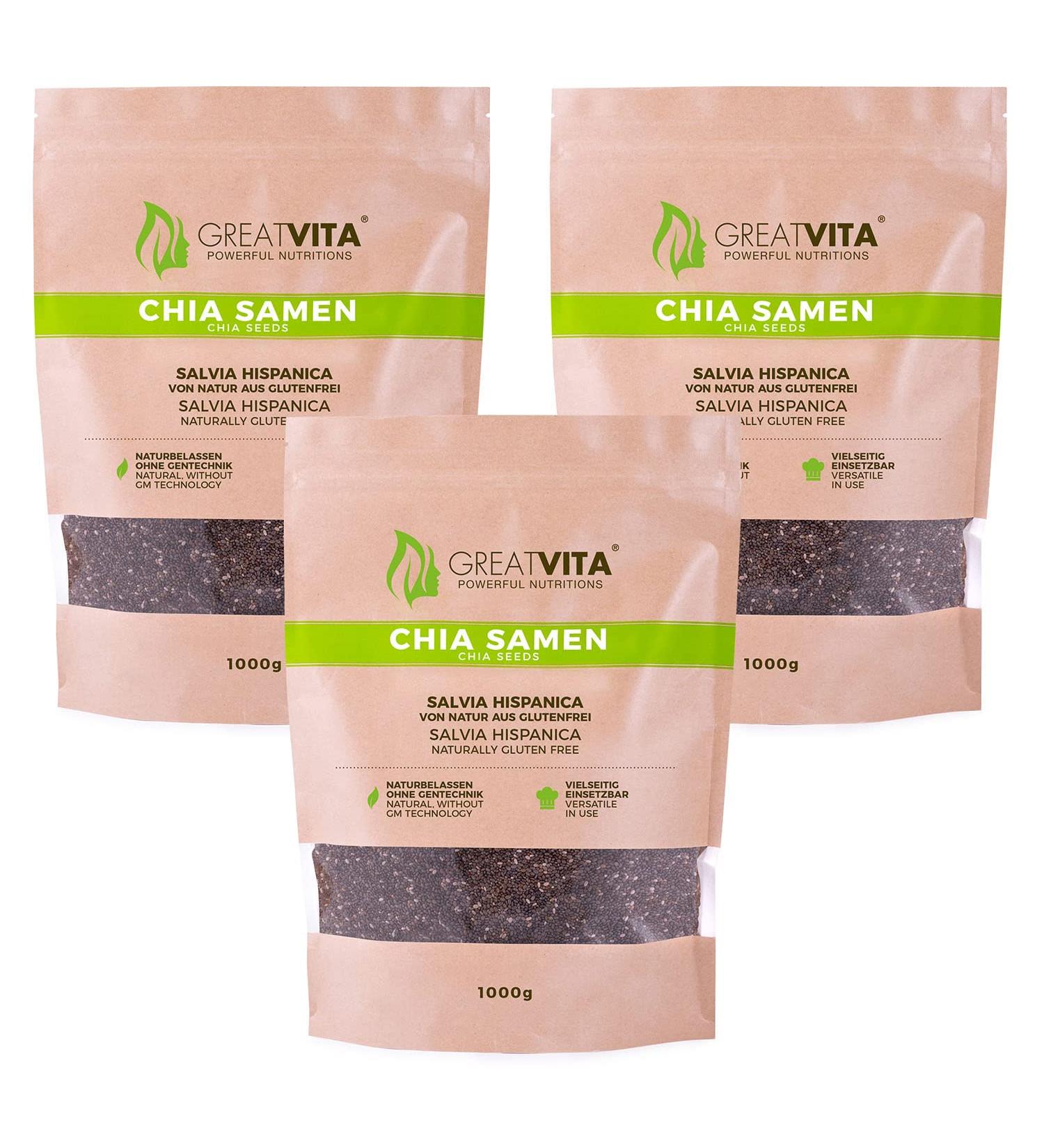GreatVita Premium Chia Seeds (3 x 1000g) - Natural Non-GMO International Shipping Available - Buy Online on GoSupps.com