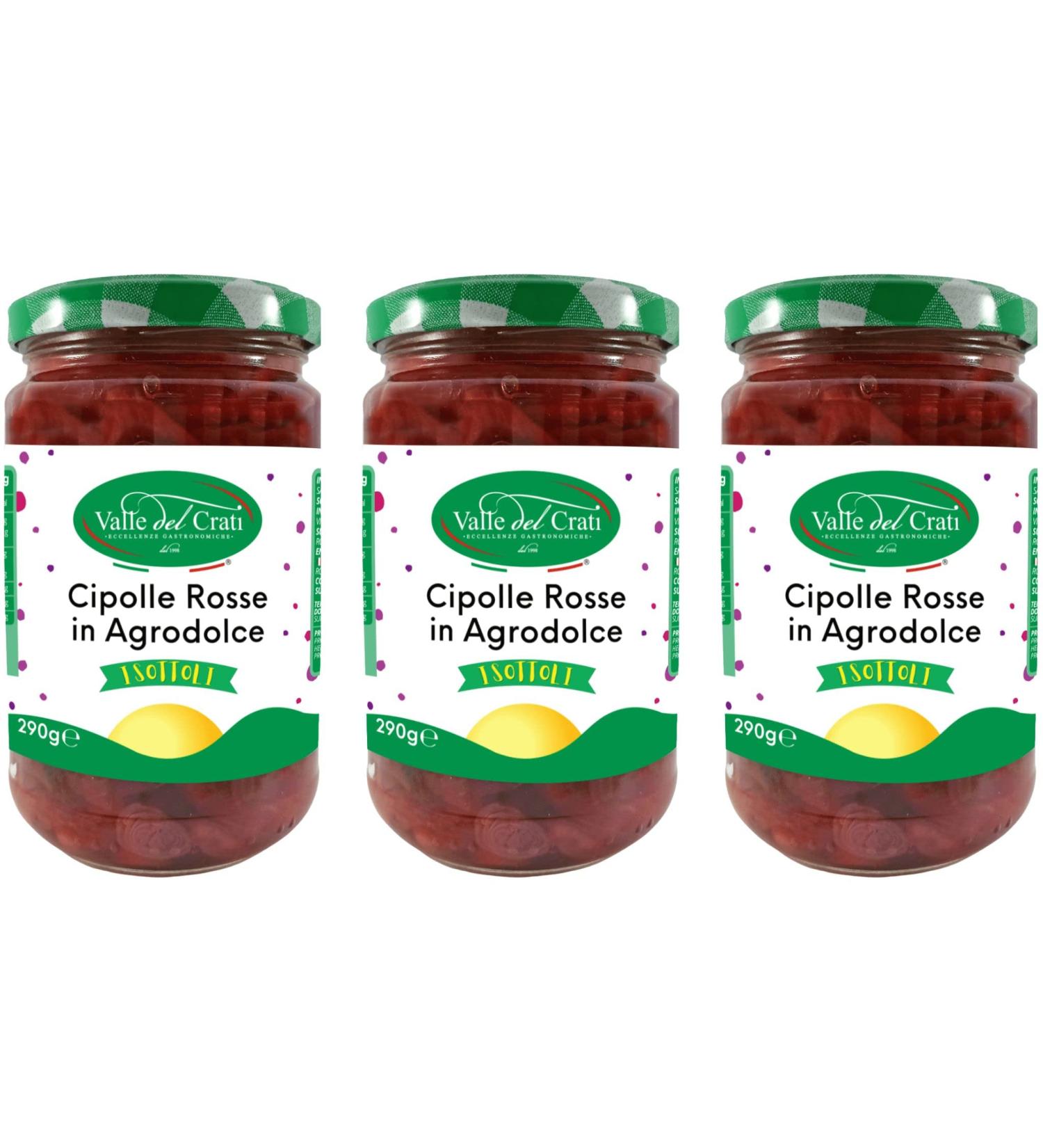 Valle del Crati Sweet & Sour Red Onions in Olive Oil - 3 Jars (290g) | Authentic Italian Condiments for Starters & Aperitifs - Buy Online on GoSupps.com