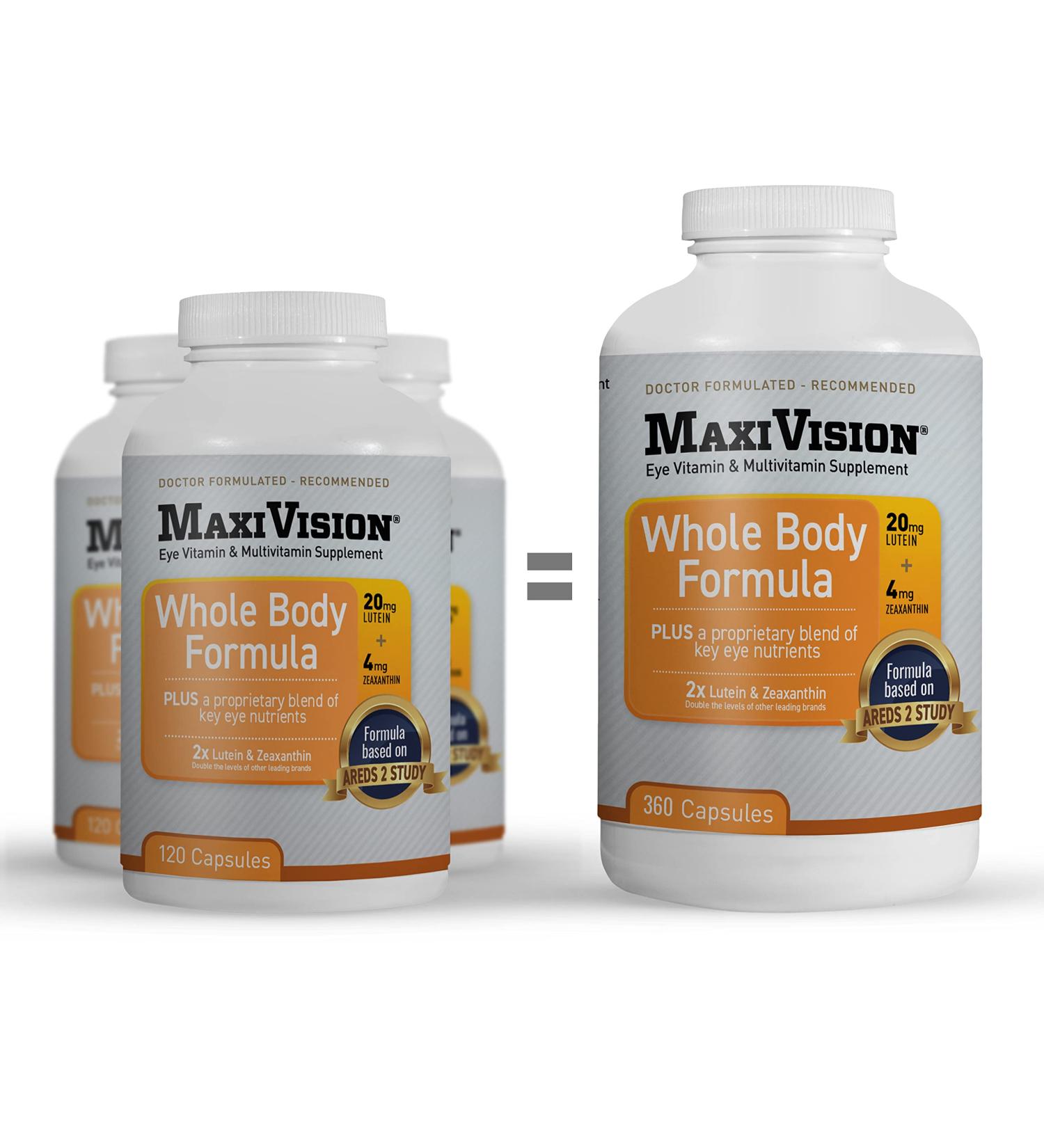 MaxiVision AREDS 2 Whole Body Formula - AREDS 2 Eye Vitamins w/Lutein and Zeaxanthin - for Macular Support - Eye Supplements for Eye Strain - 360 Capsules Count (360 Capsules 1 Bottle) - Buy Online on GoSupps.com
