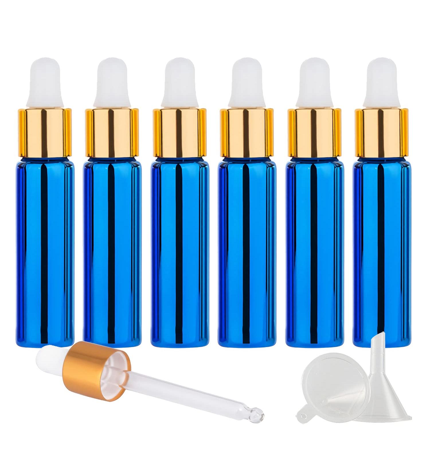 TIANZD 6 Pack 10ml Chrome Blue Dropper Bottles with Glass Pipette - Ideal for Essential Oils & Perfume - Gold Screw Cap - Buy Online on GoSupps.com