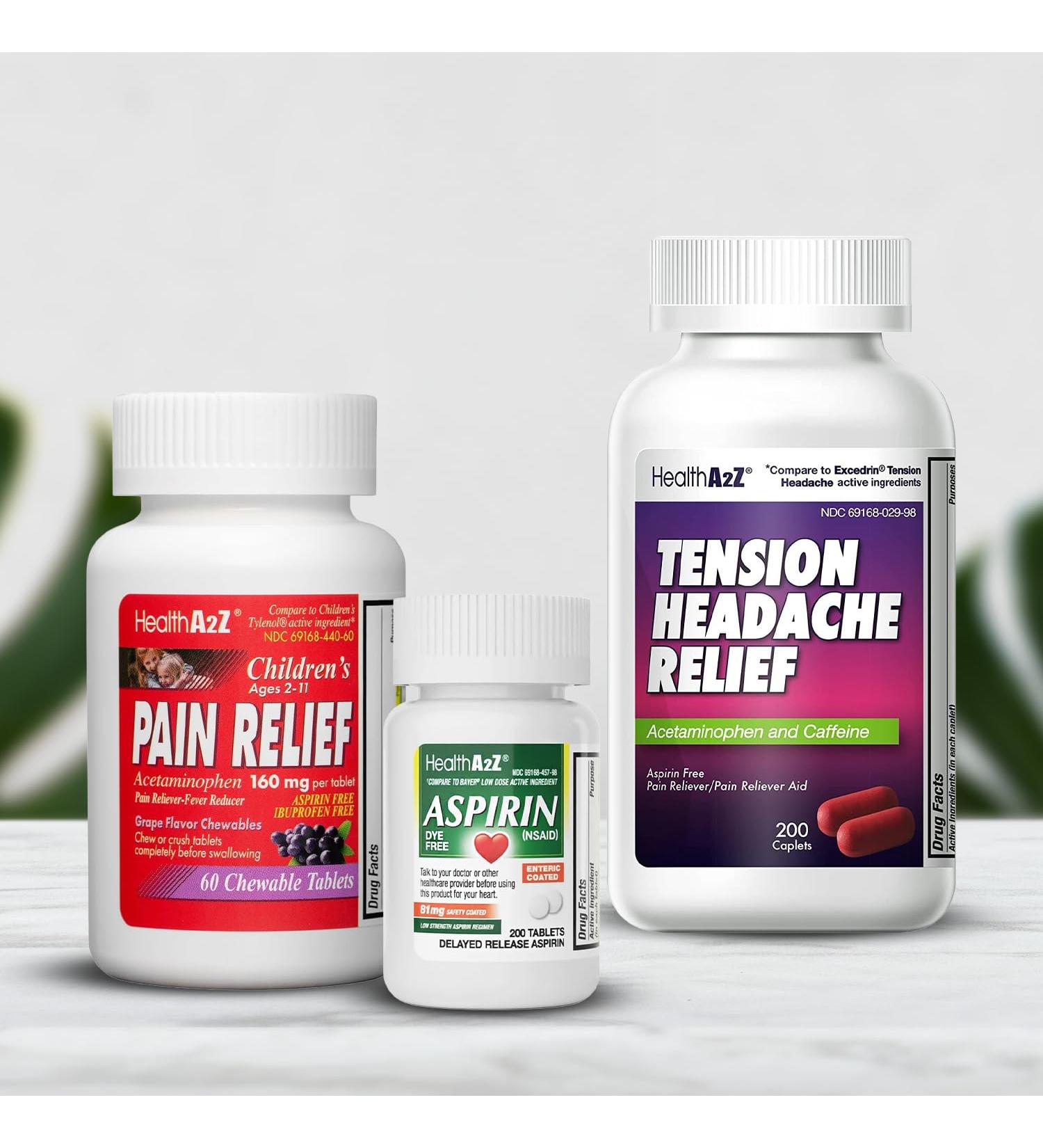 HealthA2Z Family Pain Relief Bundle Dye-Free Aspirin 81mg Acetaminophen & Caffeine Headache Relief Children s Chewable Acetaminophen - Buy Online on GoSupps.com