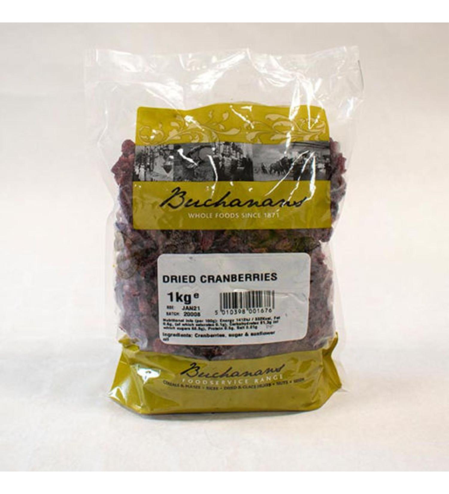 Dried Cranberries 1kg .Juicy cranberries ideal for baking or eating on their own.Buchanans