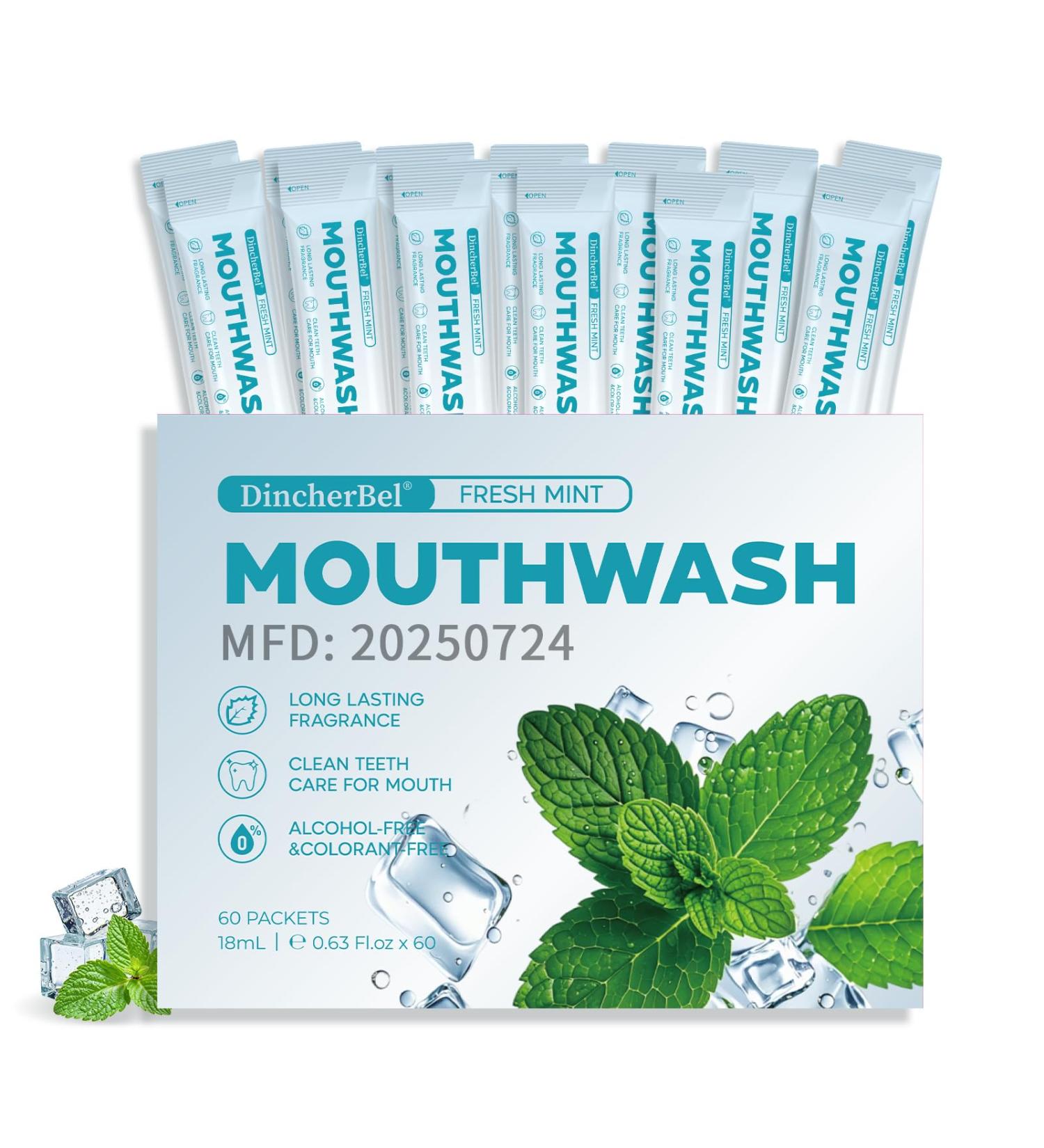 Dincherbel Travel Mouthwash Packets (60 Count) - Alcohol & Fluoride Free Natural Mint Mouth Wash - TSA Approved Individual Packets - Portable Leak-Proof Sachets for Bad Breath Gum Health & Dry Mouth - Buy Online on GoSupps.com