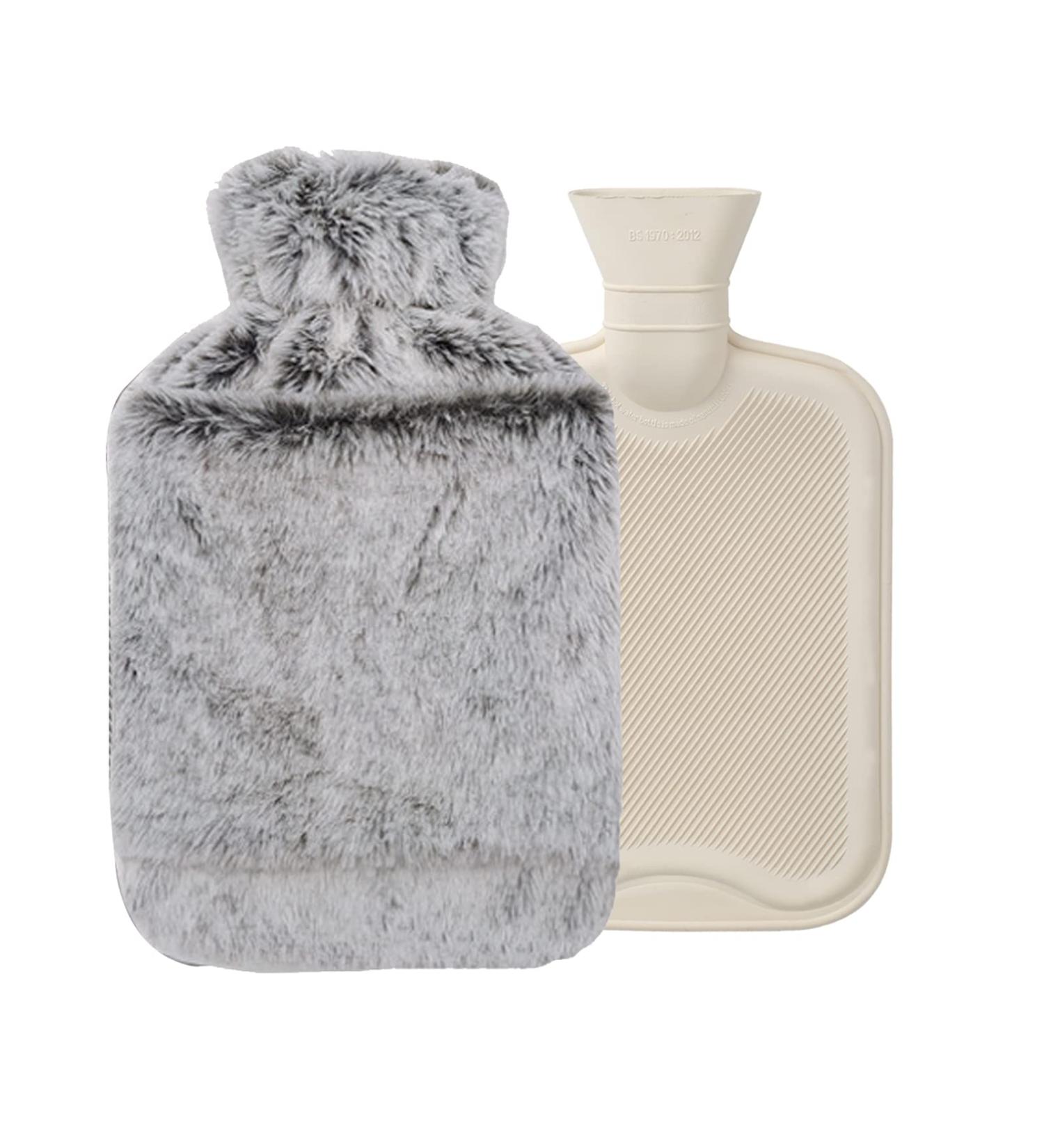Findir Hot Water Bottle with Soft Fluffy Gray Cover - 2L Cuddly Rubber Heating Bottle for Pain Relief | Perfect for Adults & Children - Buy Online on GoSupps.com