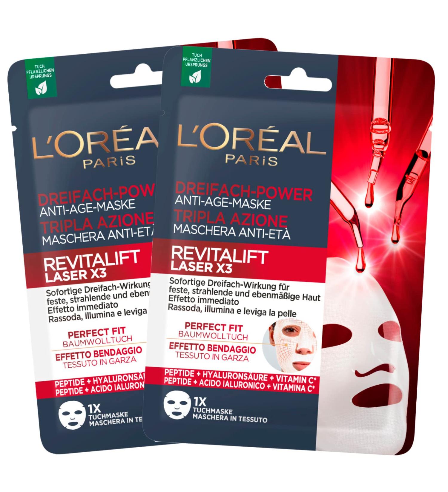L'Oréal Paris Revitalift Laser X3 Triple Action Anti-Aging Sheet Face Mask Firms Brightens & Smoothes Skin Bandage Effect with Hyaluronic Acid & Peptide - 2 Packs of 1 Application