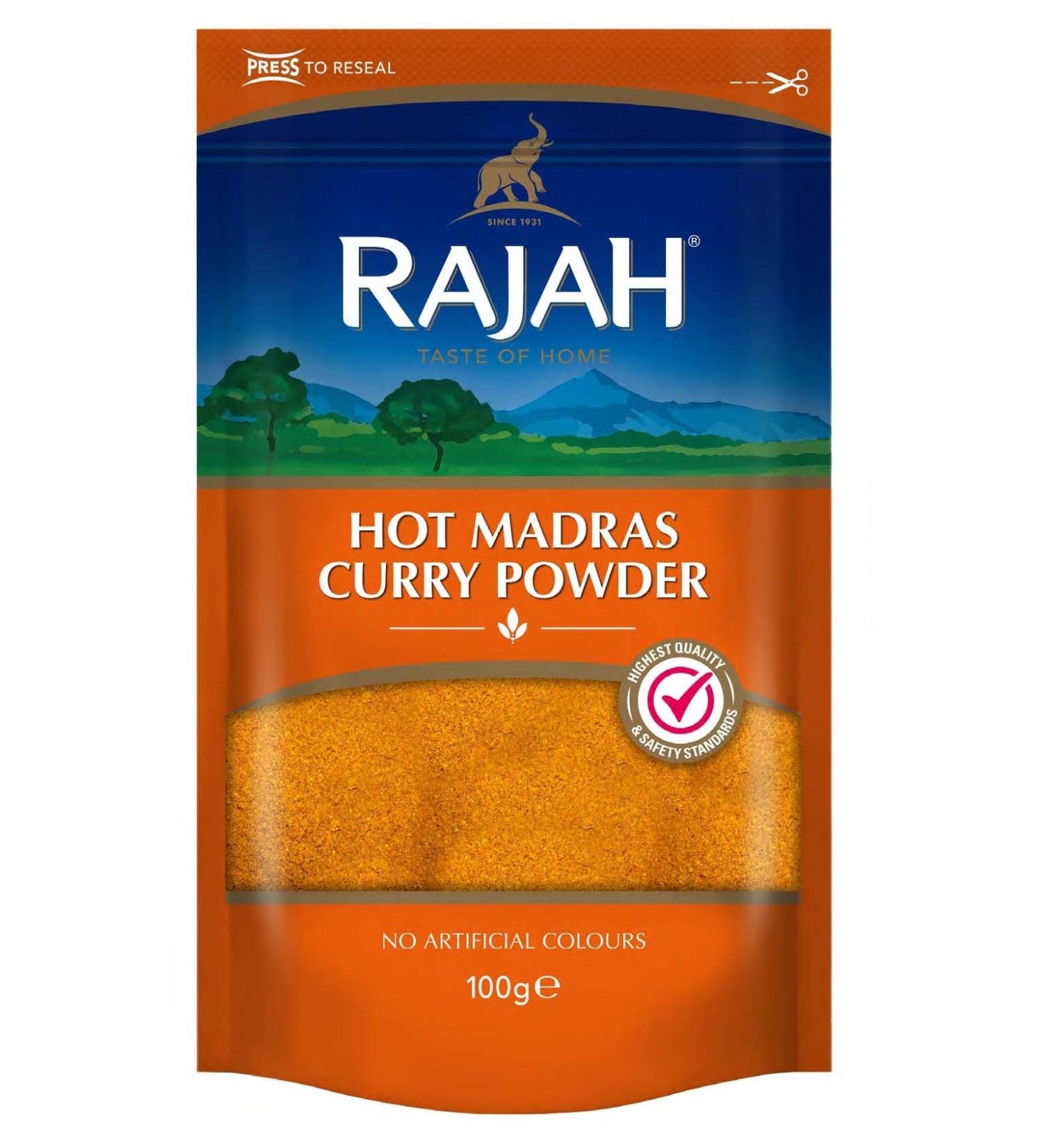Rajah Hot Madras Curry Powder - Aromatic Spice Blend | Intense Spiciness | 100g - Authentic Indian Curry Flavor for Global Shipping - Buy Online on GoSupps.com
