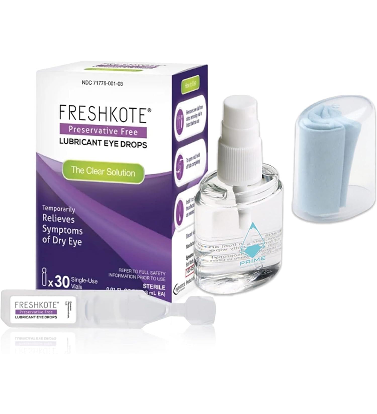 FRESHKOTE Eye Drops for Dry Eyes - 30 Single-Use Vials Preservative-Free Lubricant for Contacts Includes Ammonia-Free Glass Cleaner & Microfiber Cloth - Fast International Shipping - Buy Online on GoSupps.com