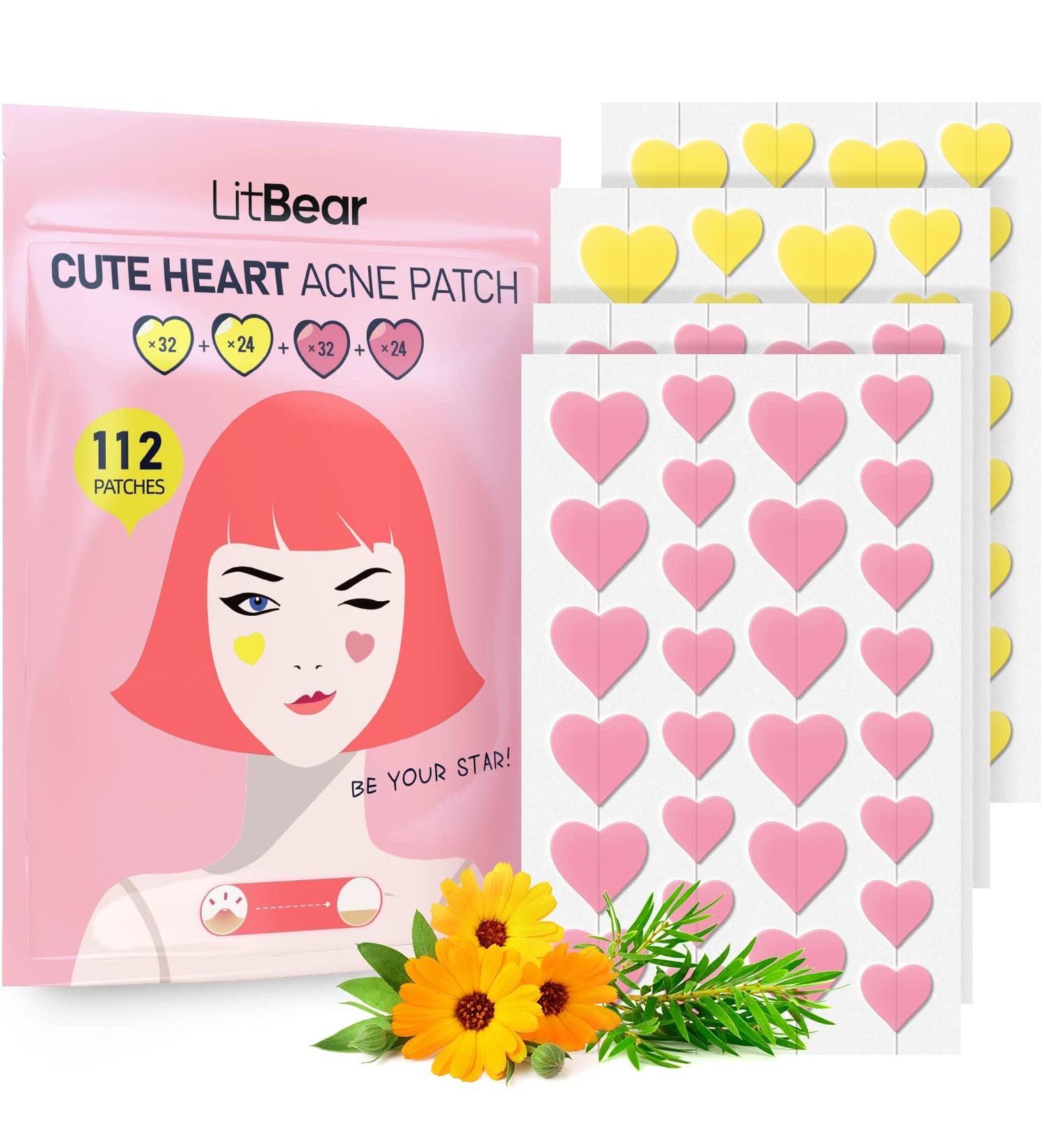 Pimple Patch Heart Shape 112 Hydrocolloid Acne Patches with Tea Tree Oil & Salicylic Acid (Pink & Yellow) - LitBear Spot Patche for Face - Zit Spot Sticker - 14mm & 10mm - Buy Online on GoSupps.com
