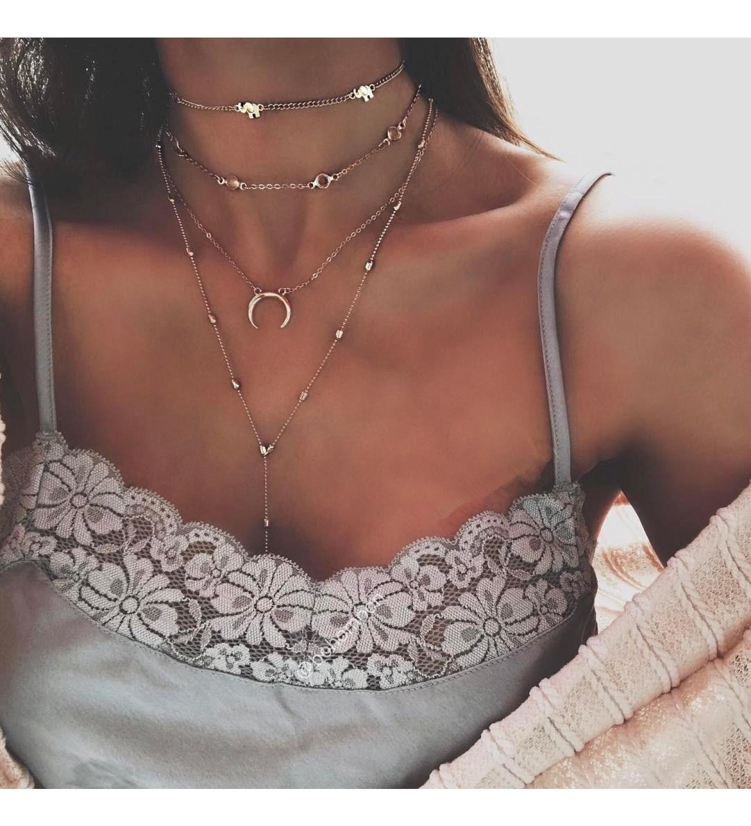 DoubleNine Bohemian Multilayered Necklace - Elephant Horn Moon Choker & Long Chain Jewelry for Women & Girls (Silver) - International Shipping - Buy Online on GoSupps.com