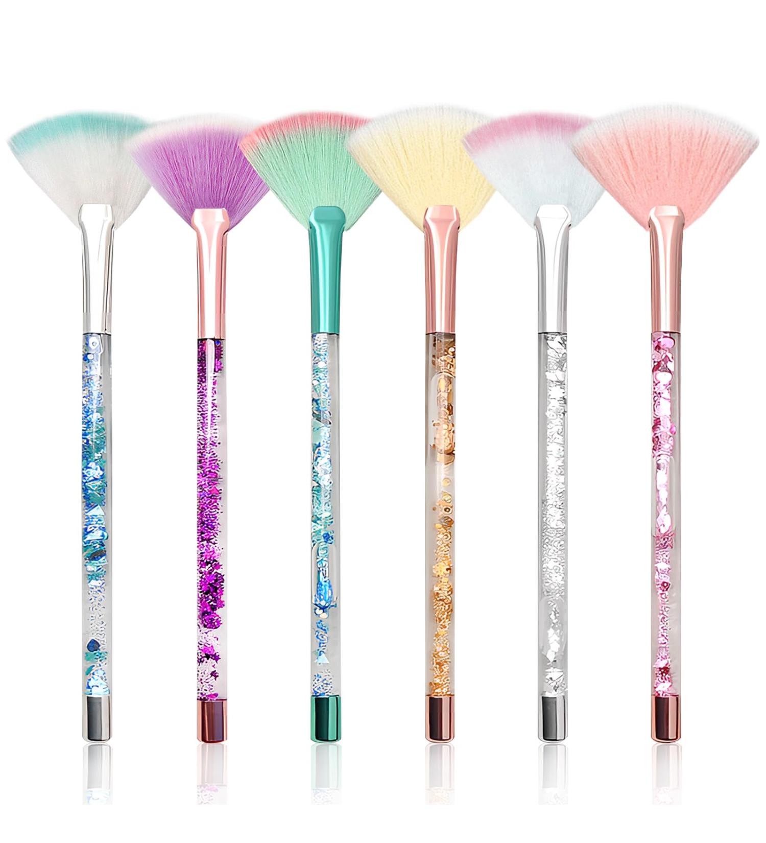 Colorful 6-Piece Facial Fan Brush Set with Pouch | Glitter Quicksand Handles - Ideal for Masks | International Shipping Available - Buy Online on GoSupps.com