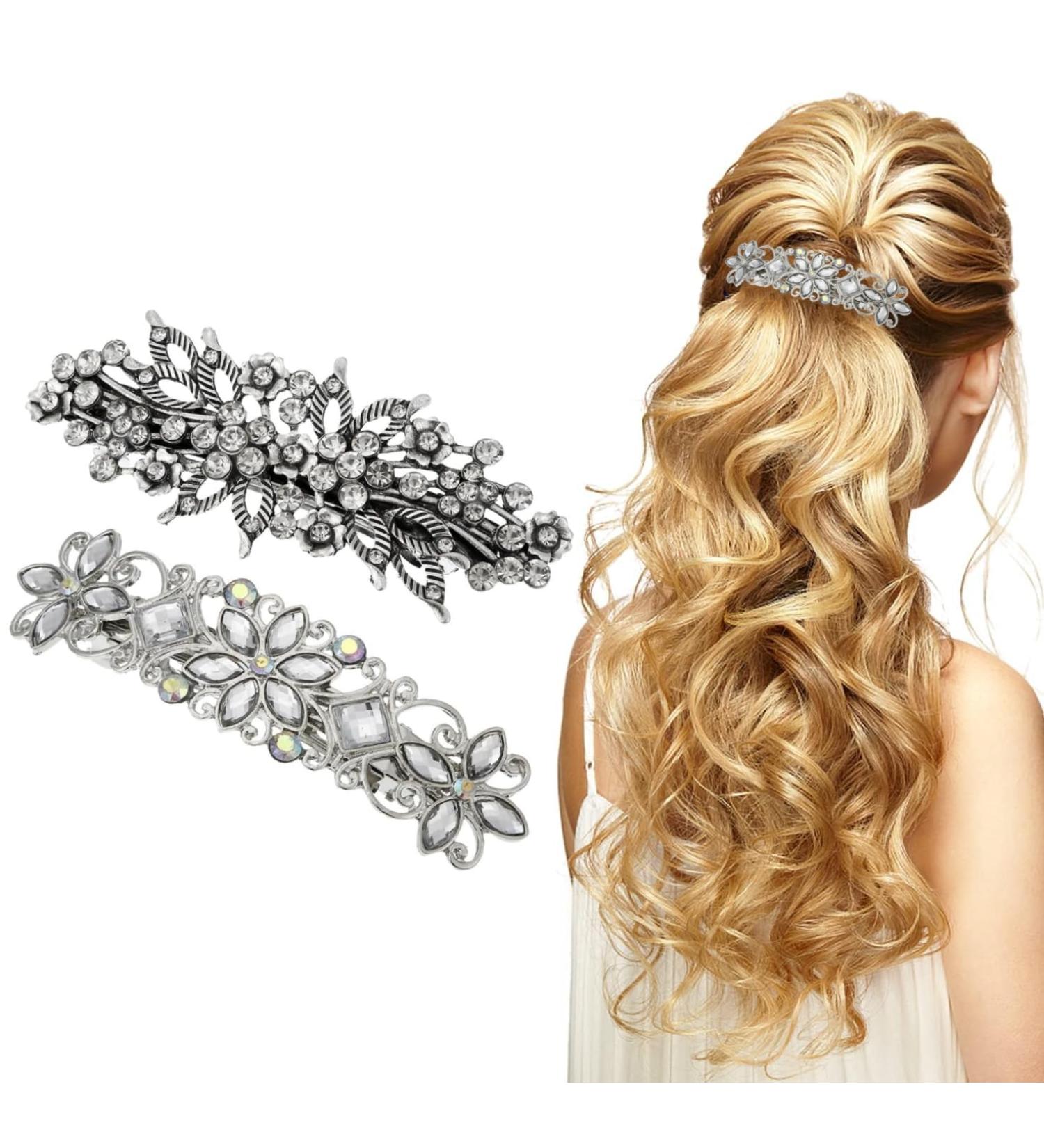 Davfiecn 2 Pieces Antique Crystal Barrette Rhinestone Metal French Barrettes Rhinestone Pearl Hair Clips for Women Girls Wedding Birthday Prom Gift - Buy Online on GoSupps.com