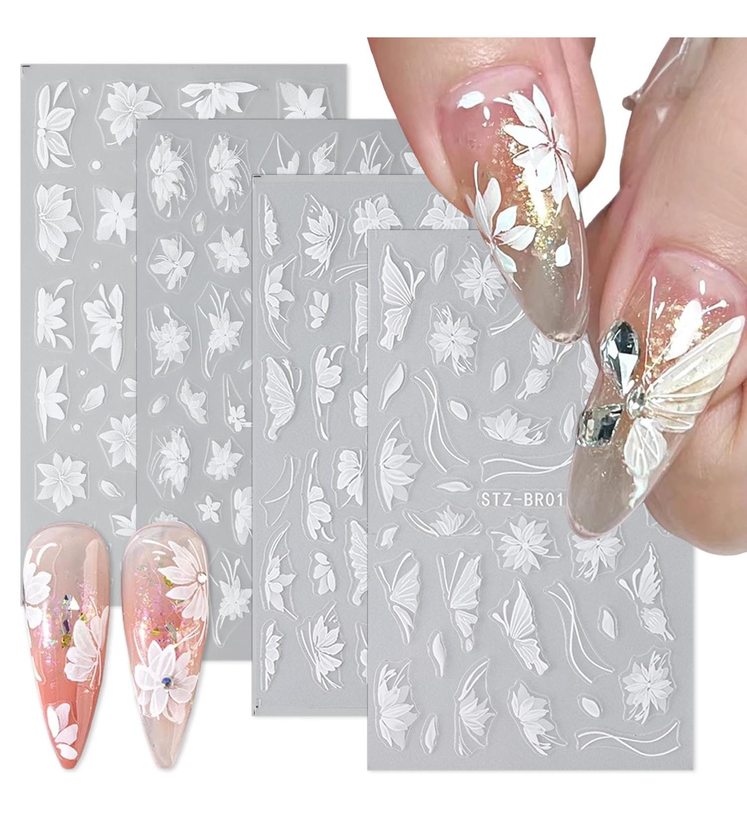 White Flowers Nail Art Stickers | 5D Self-Adhesive Floral & Butterfly Decals for DIY Manicure | 4 Sheets of Embossed Nail Design - Buy Online on GoSupps.com