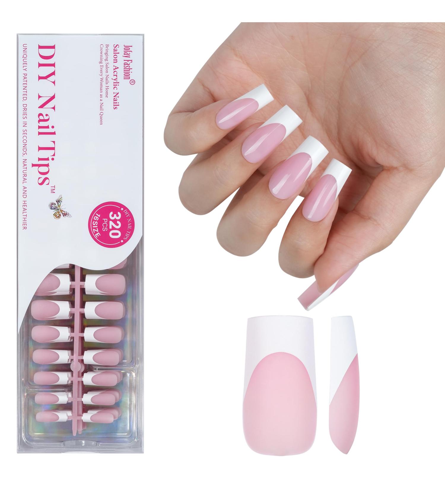 White French Tip Press on Nails | Jofay Fashion 320 Pcs Long Square Pre-Applied Primer & Base Coat - 16 Sizes Available - Buy Online on GoSupps.com