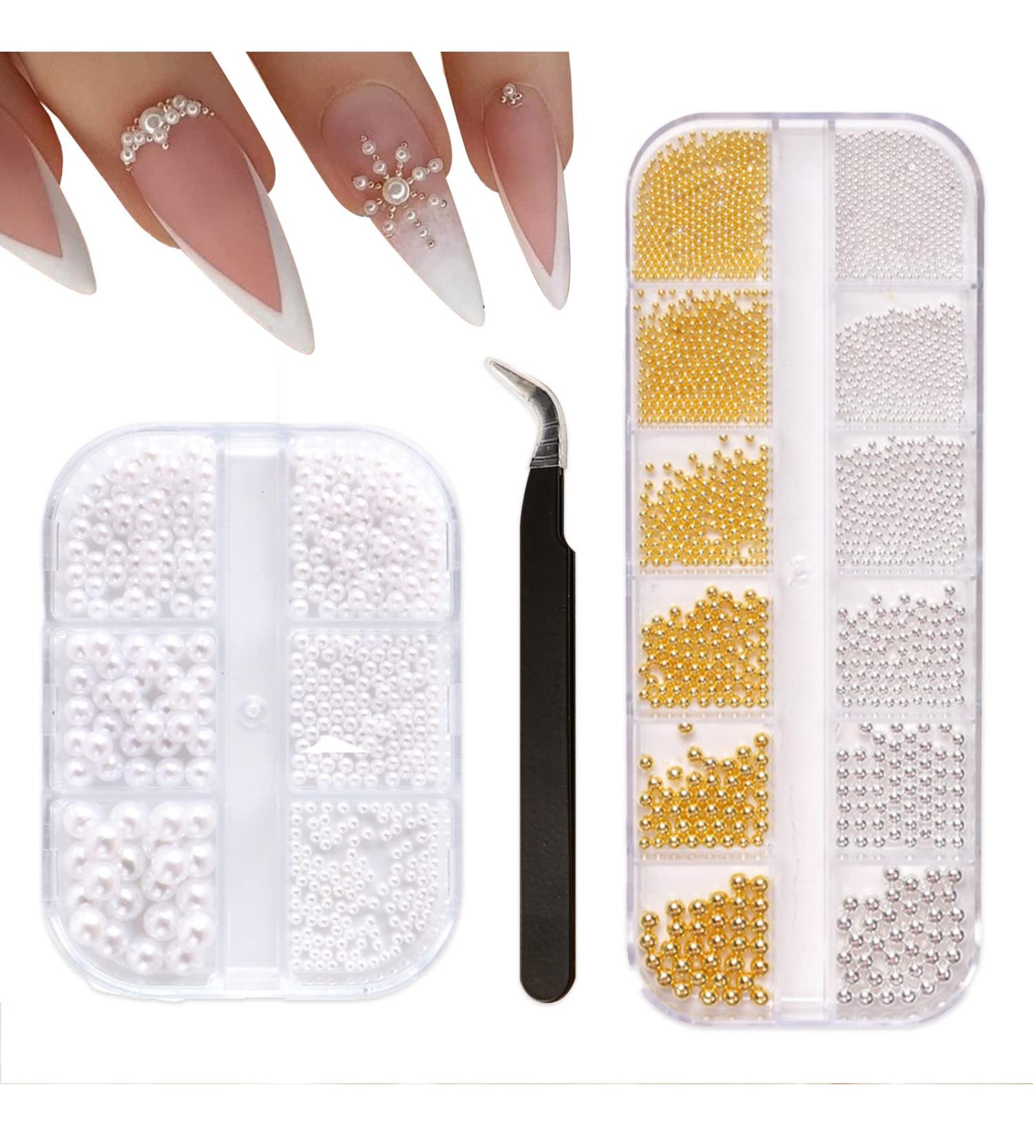 IOSPKKIO Nail Art Pearls - 2pcs Flat Back Charms Gold & Silver Mix with Tweezers - Ultimate Nail Design Accessories - Buy Online on GoSupps.com