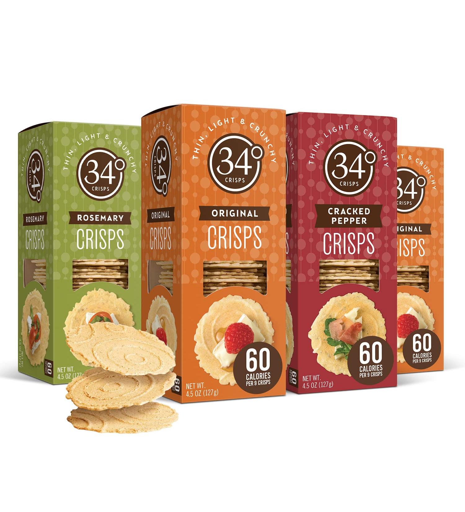 34 Degrees Crisps Variety Pack - Original, Cracked Pepper, Rosemary Flavors | Thin & Crunchy Crackers - 4 Pack (4.5oz each) - Buy Online on GoSupps.com