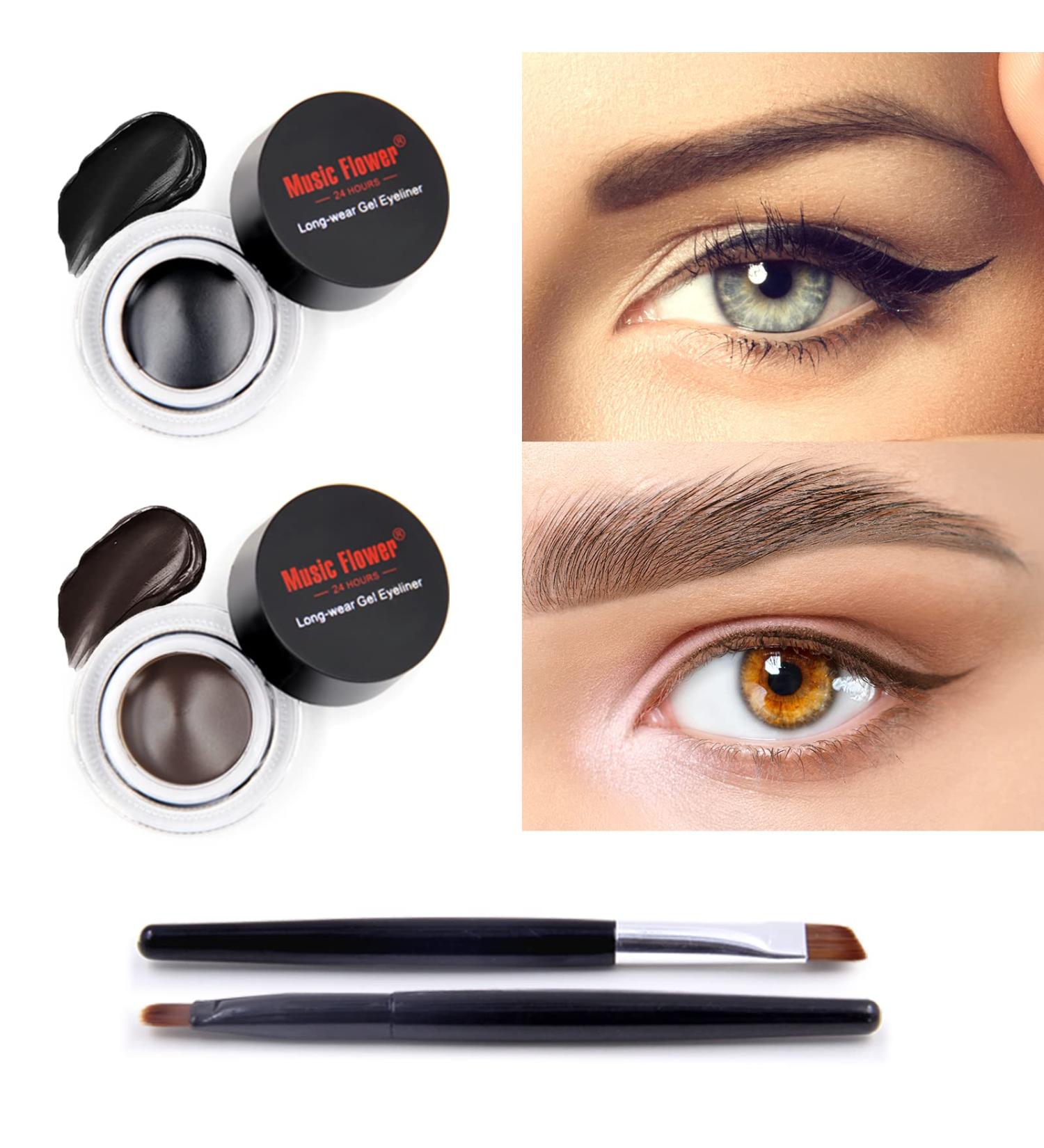 Music Flower Gel Eyeliner Black & Brown Waterproof Long-Lasting Smudge Proof Gel Liner - 3g (Pack of 2) with Brushes - Easy to Apply & Remove | Eye Makeup Essential - Buy Online on GoSupps.com