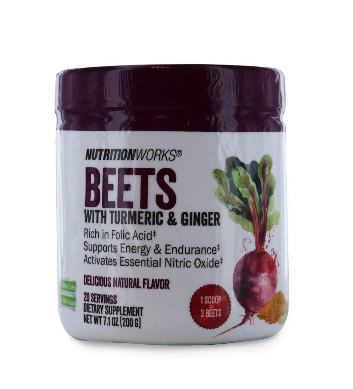 Nutrition Works Beets with Turmeric & Ginger. Gluten Free No Added Sugar. Supports Energy & Endurance. Dietary Supplement. 20 Servings 7.1 oz
