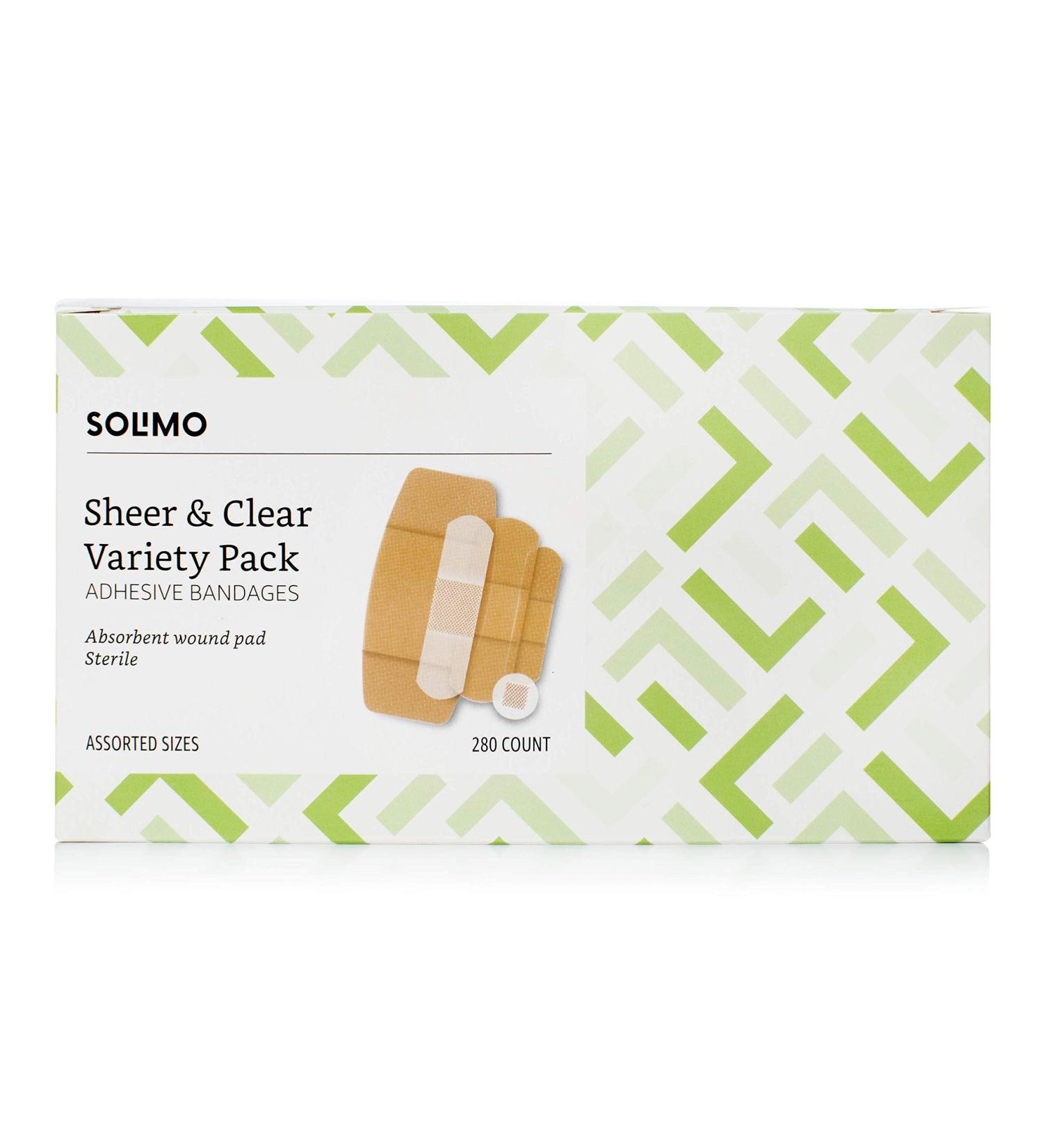 Amazon Brand - Solimo Adhesive Bandage Variety Pack Sheer and Clear Bandages Assorted Sizes 280 Count