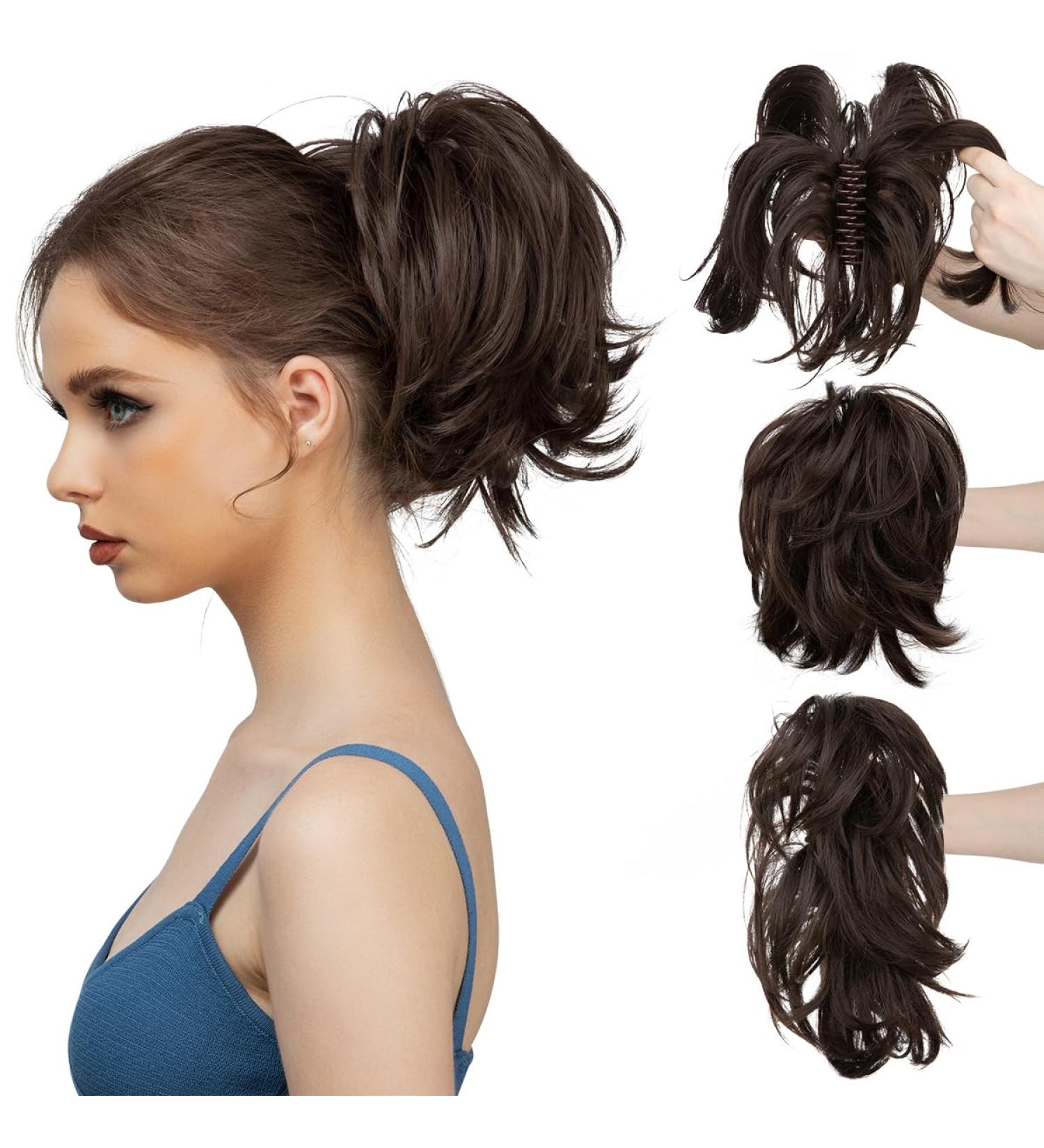 CJL HAIR Claw Clip Short Ponytail Hair Extensions Bendable Metals Messy Bun Hair piece Straight Fake Hairpieces Dark Brown 8 inch - Buy Online on GoSupps.com