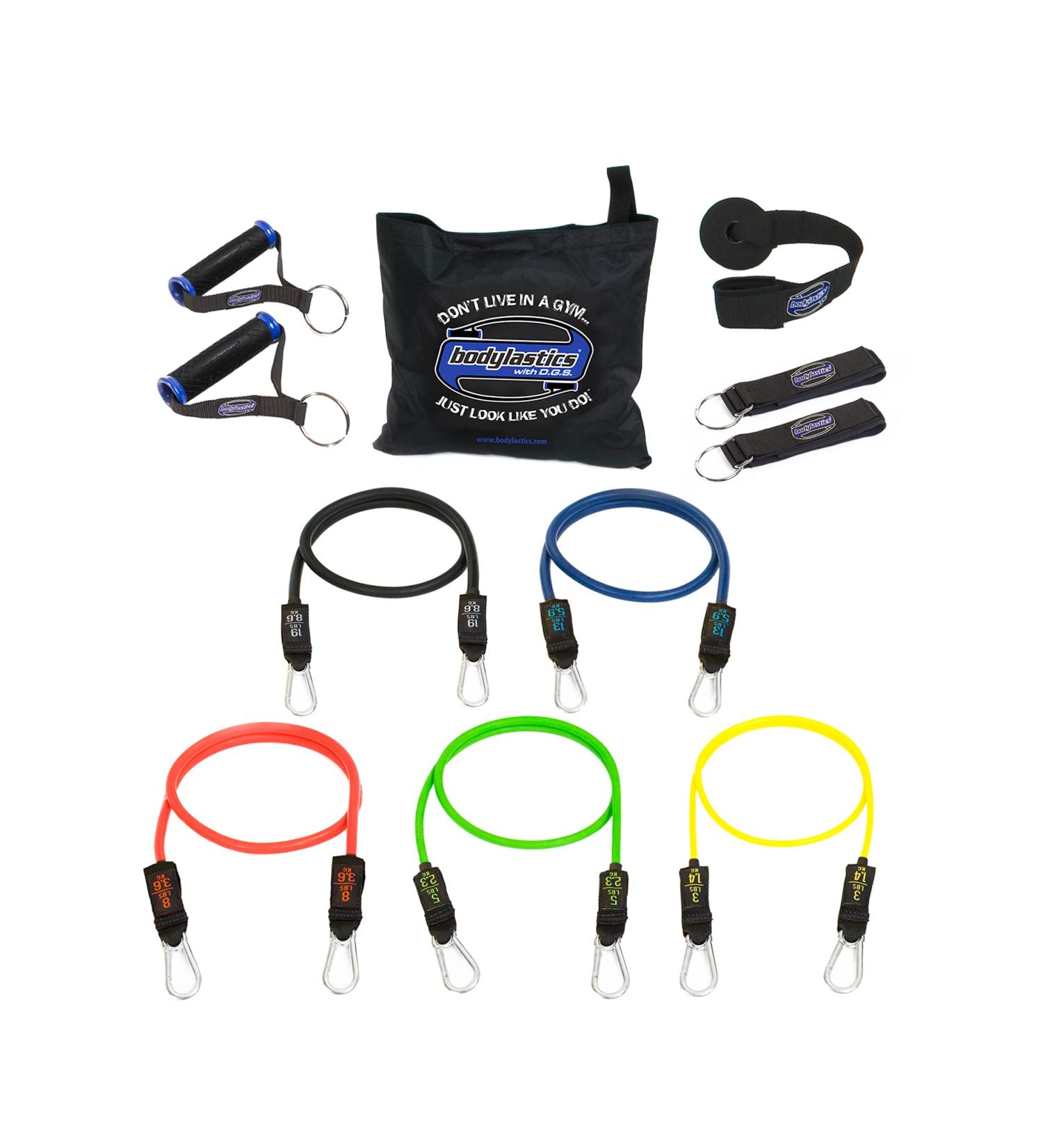 Bodylastics Resistance Band Set - Heavy-Duty Exercise Bands with Handles, Ankle Straps, Door Anchor & Carry Bag - 96 lbs. - Patented Clips - Fitness Workout Bands - Buy Online on GoSupps.com